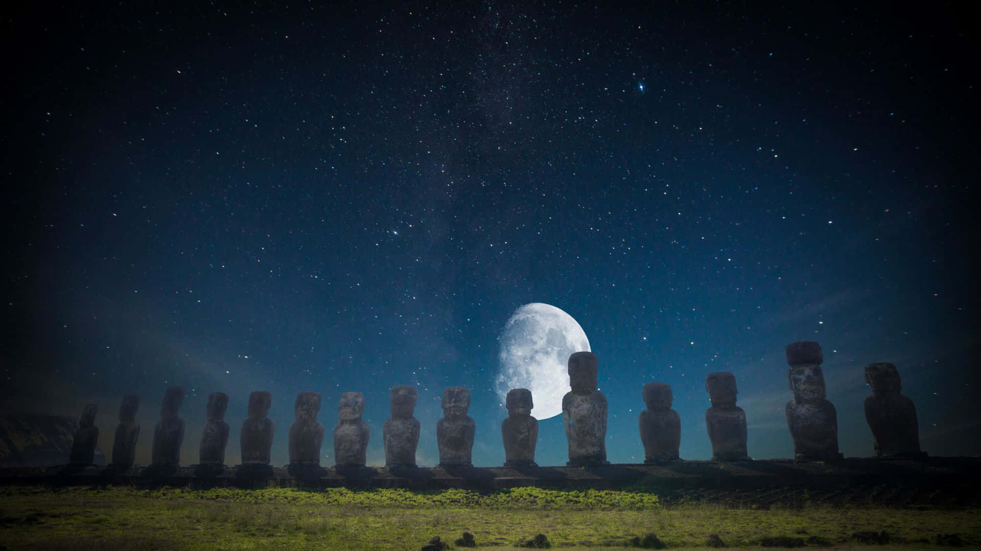 Easter Island, moai statues, starry night sky, Full HD Desktop Wallpaper