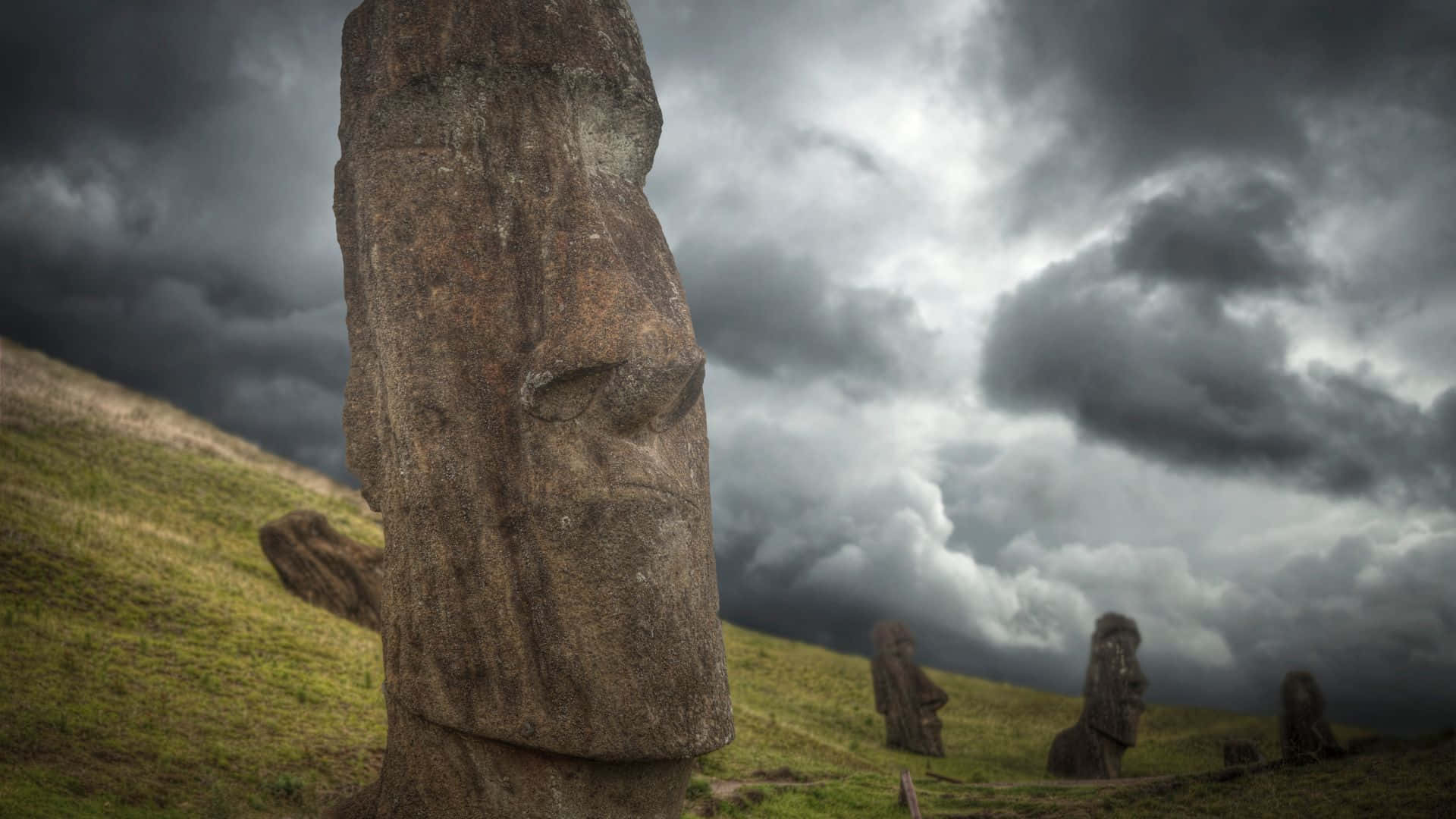 Easter Island, moai statue, grassy hill, Full HD Desktop Wallpaper