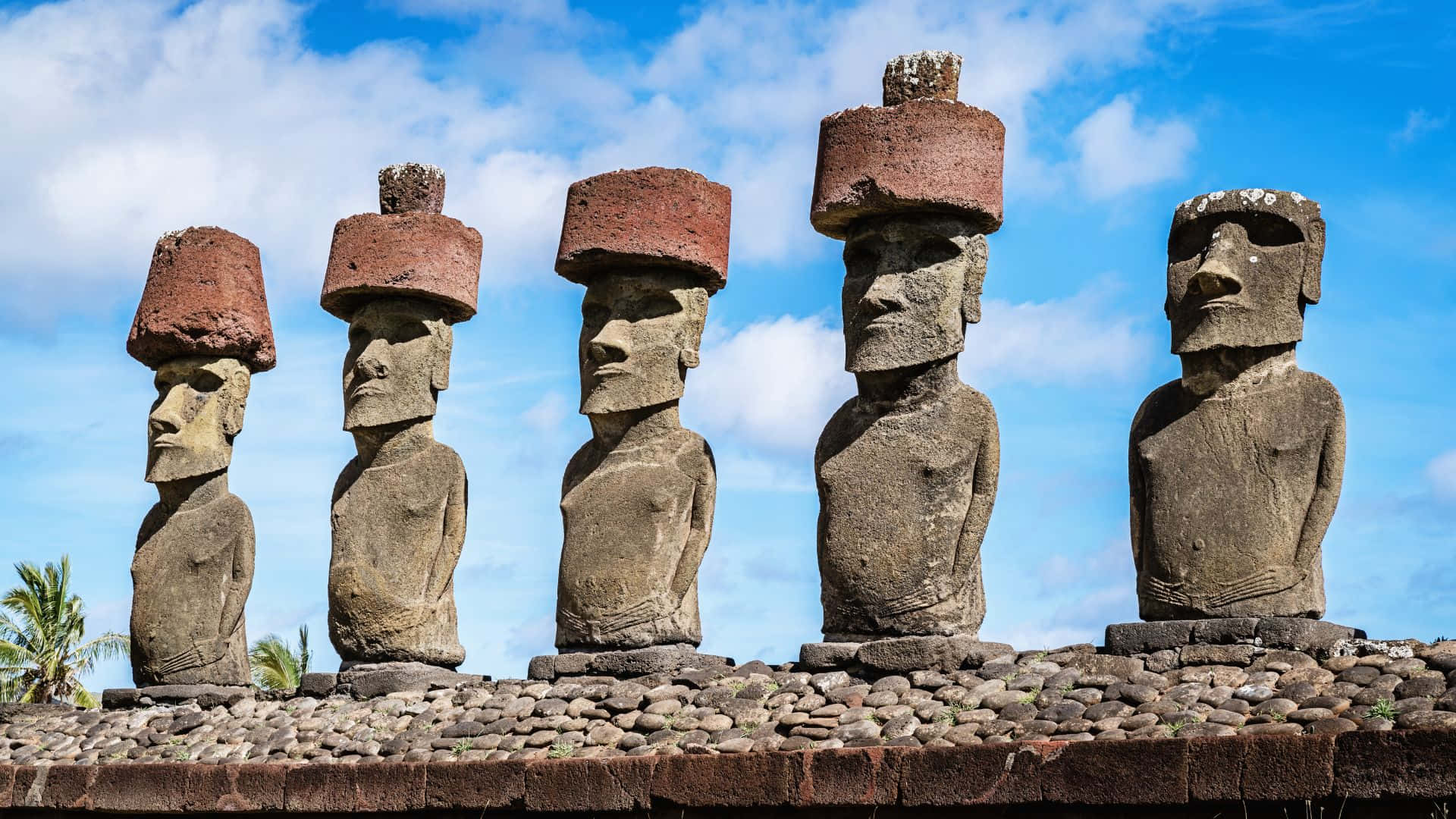 Easter Island, moai statues, red volcanic caps, Full HD Desktop Wallpaper