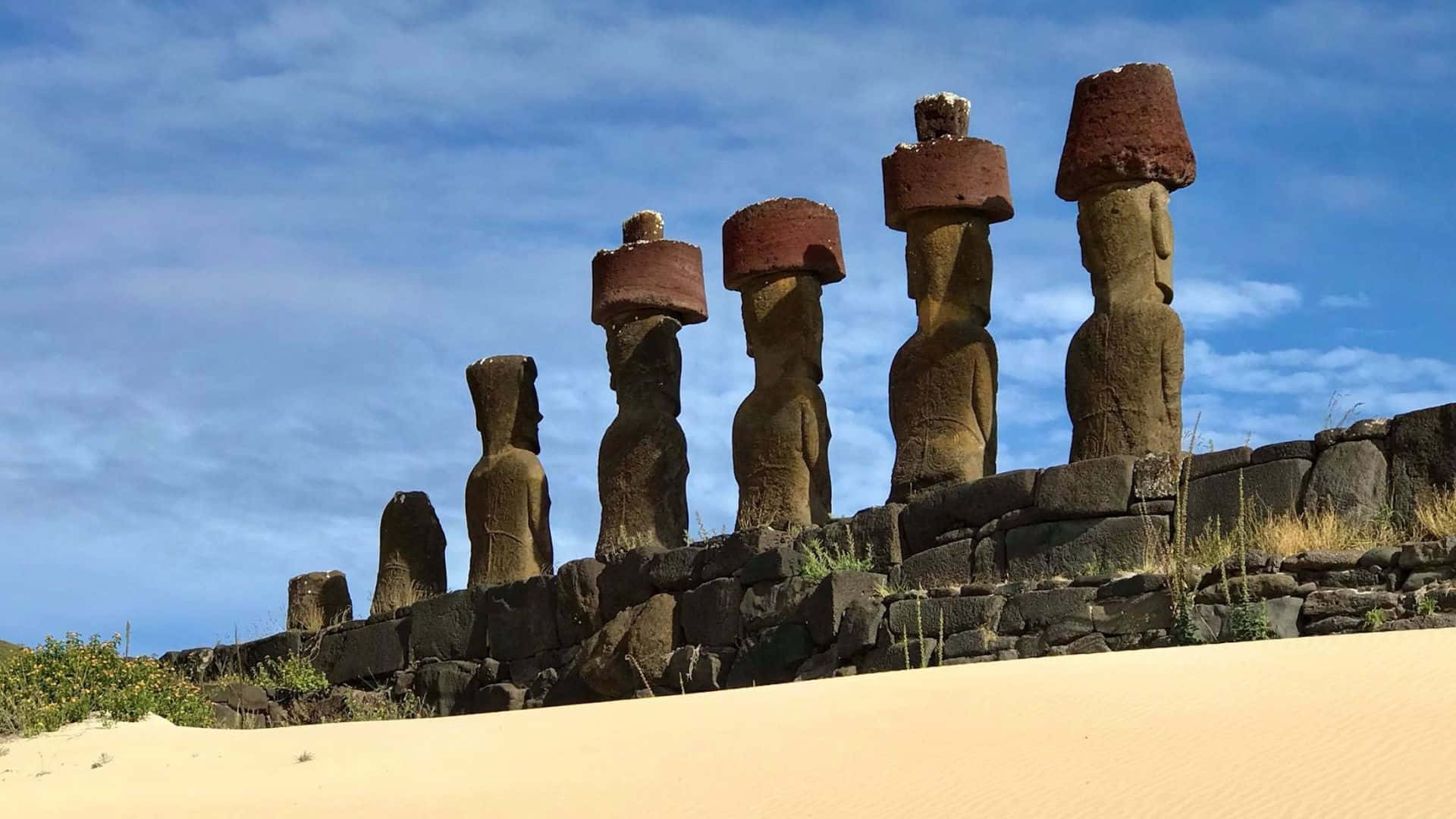 Easter Island, moai statues, red volcanic hats, Full HD Desktop Wallpaper