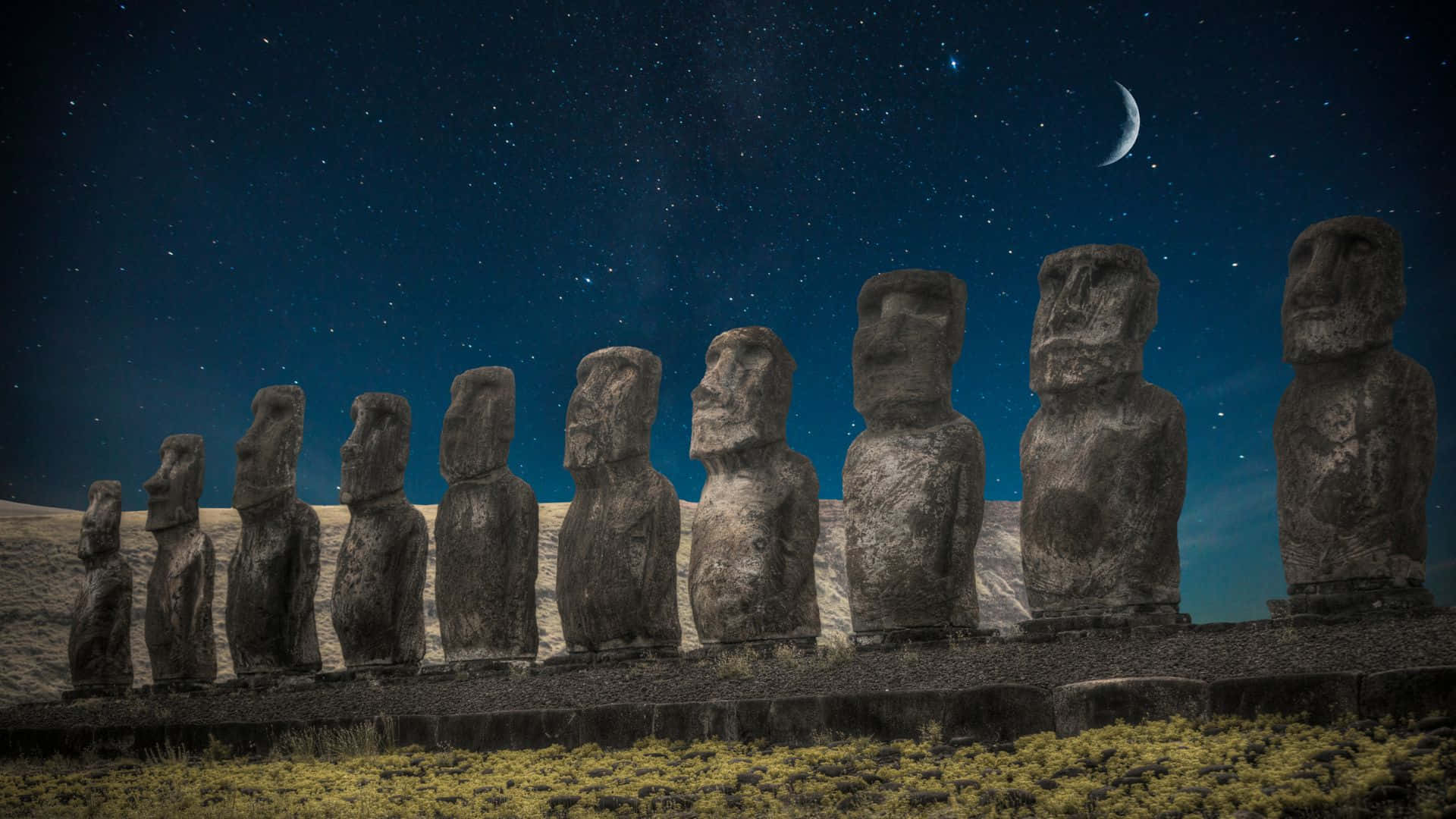 Easter Island, moai statues, starry night sky, Full HD Desktop Wallpaper