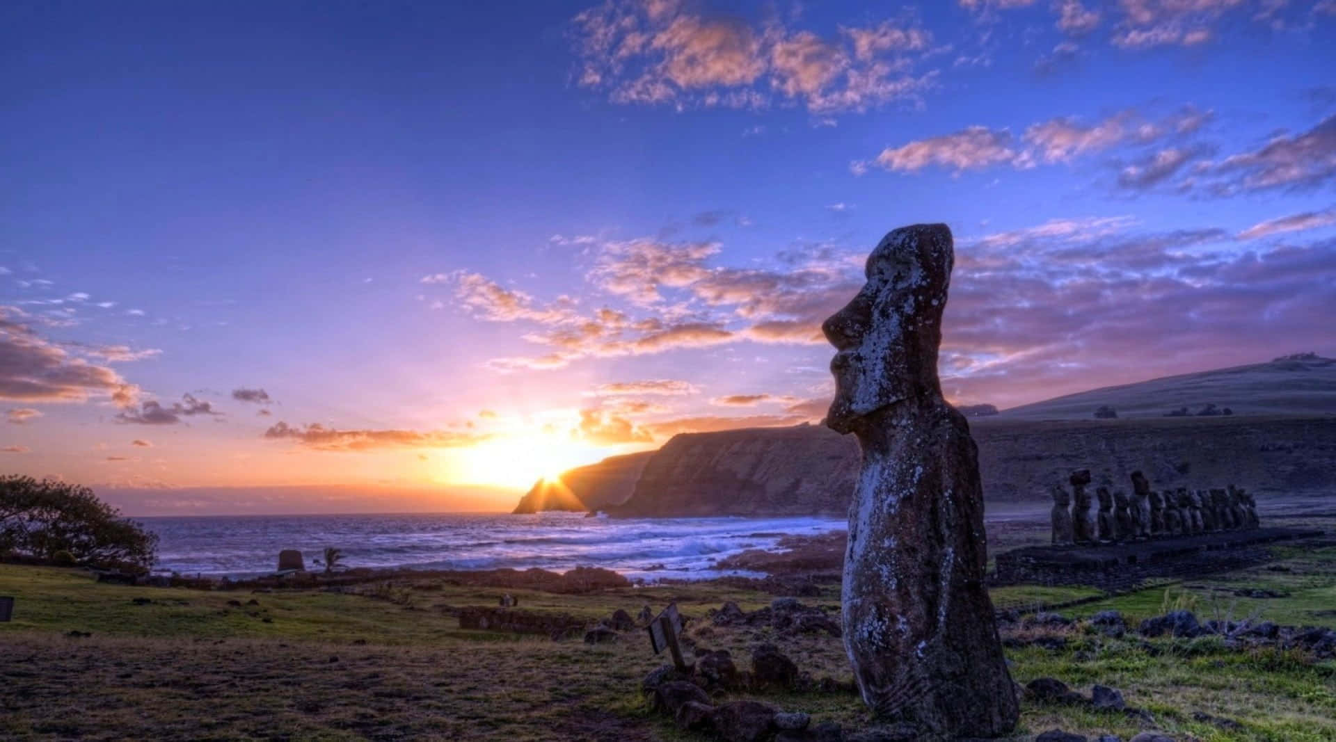 Easter Island, moai statue, sunset, Full HD Desktop Wallpaper
