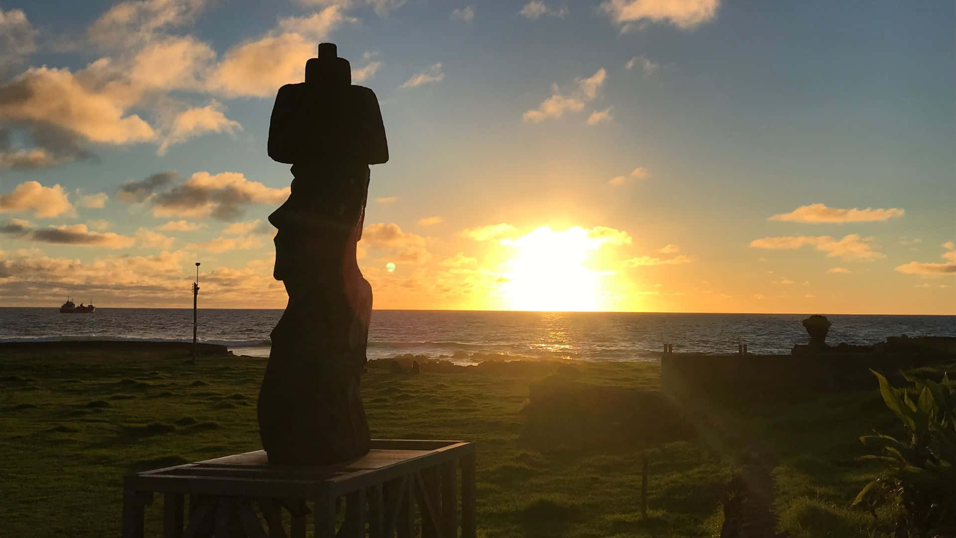 Easter Island, stone statue, grassy cliff, Full HD Desktop Wallpaper