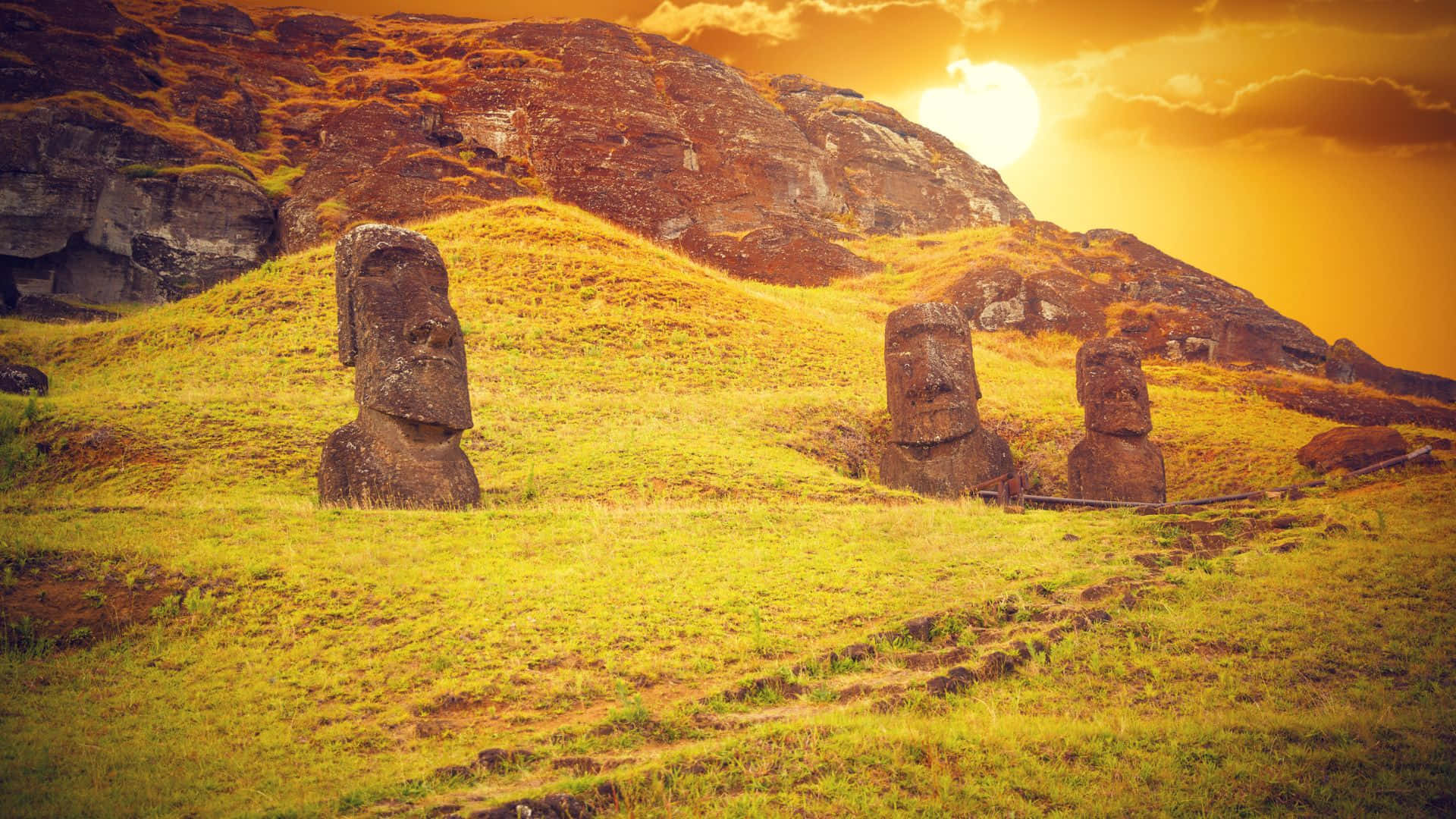Easter Island, moai statues, golden sun, Full HD Desktop Wallpaper