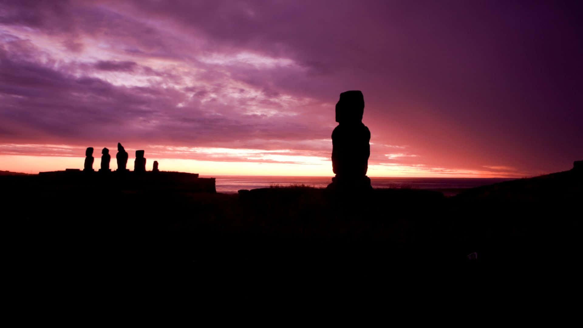 Easter Island, moai statues, purple and orange sunset, Full HD Desktop Wallpaper