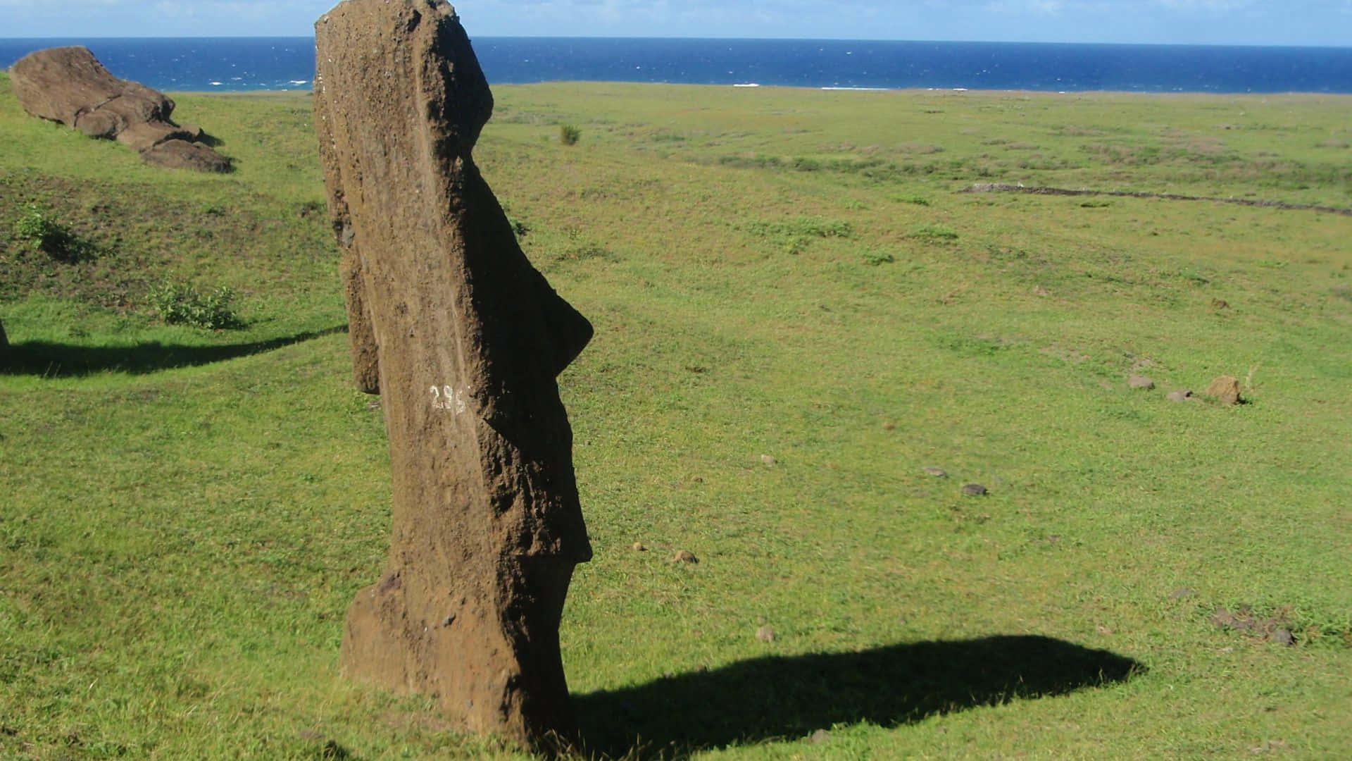 Easter Island, moai statue, sunlit green field, Full HD Desktop Wallpaper