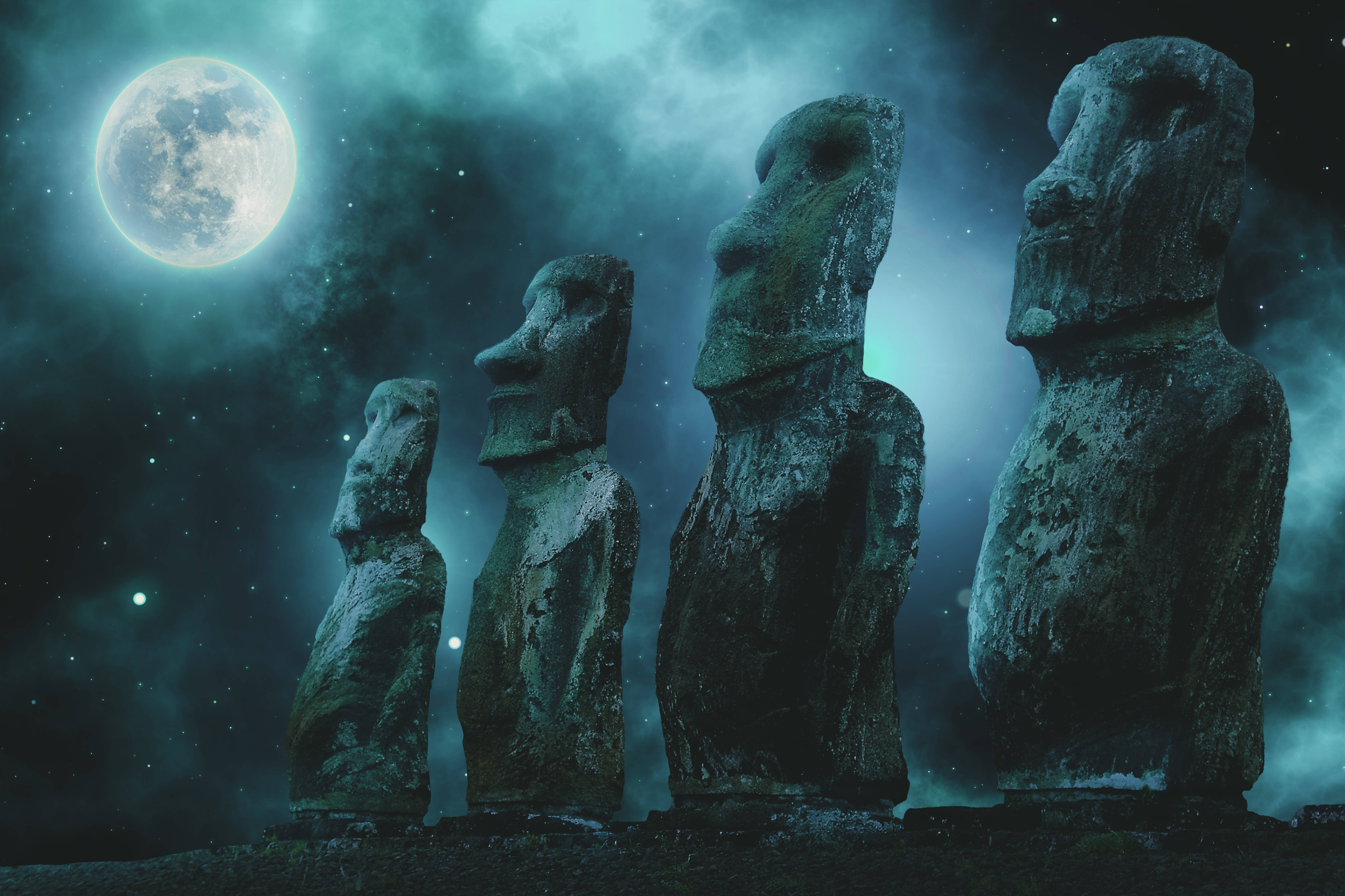Easter Island, moai statues, full moon, 5K Desktop Wallpaper