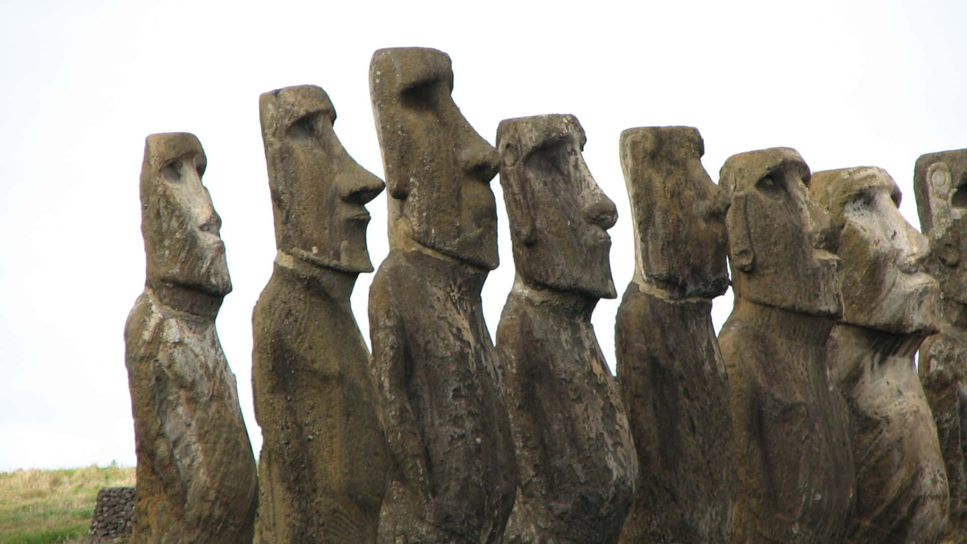 Easter Island, moai statues, pale sky, Full HD Desktop Wallpaper
