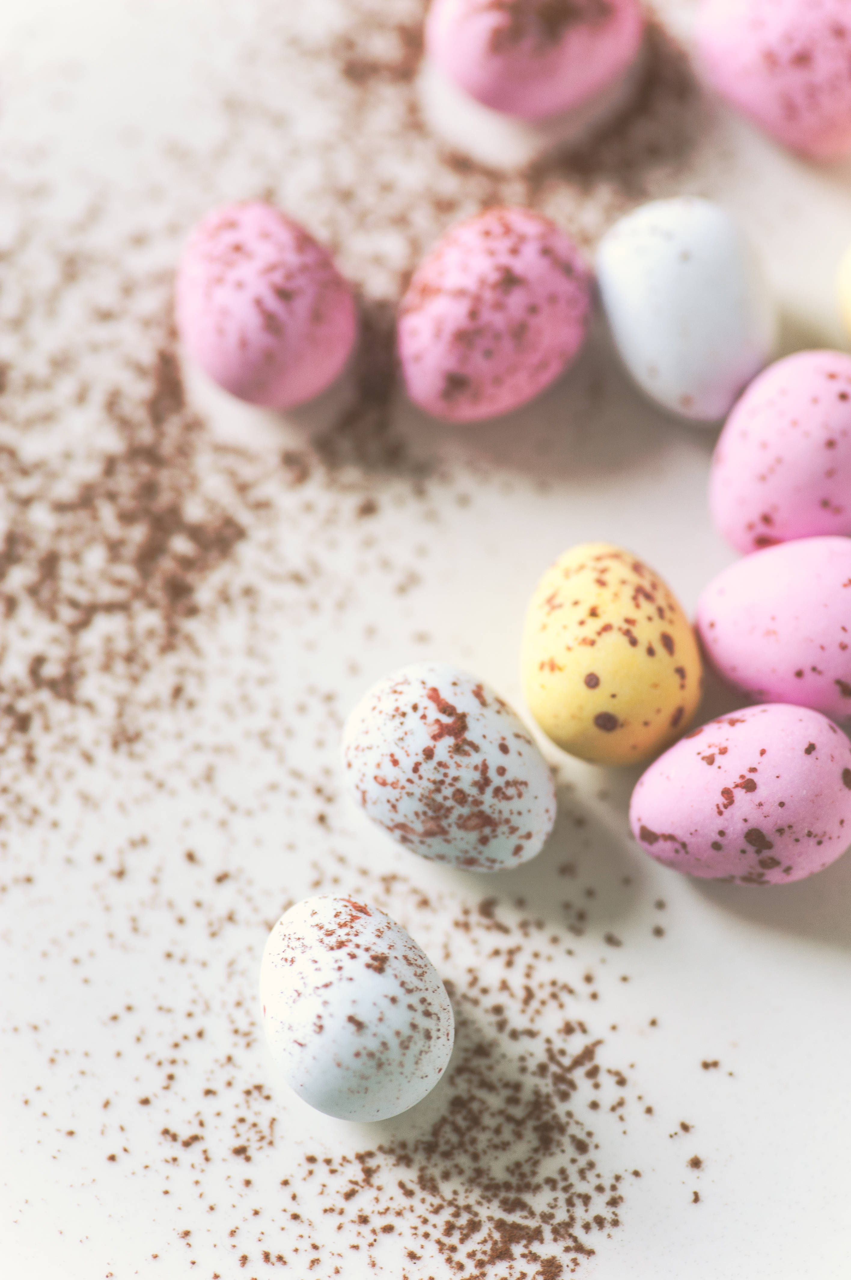Easter eggs, chocolate sprinkles, pastel speckled chocolate eggs, 4K Phone Wallpaper
