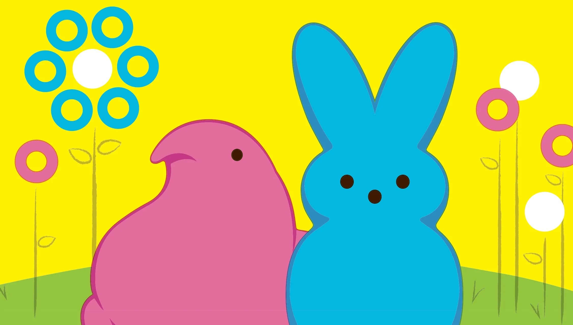Easter Peeps, pink and blue Peep character, stylized flower with circular petals, Full HD Desktop Wallpaper