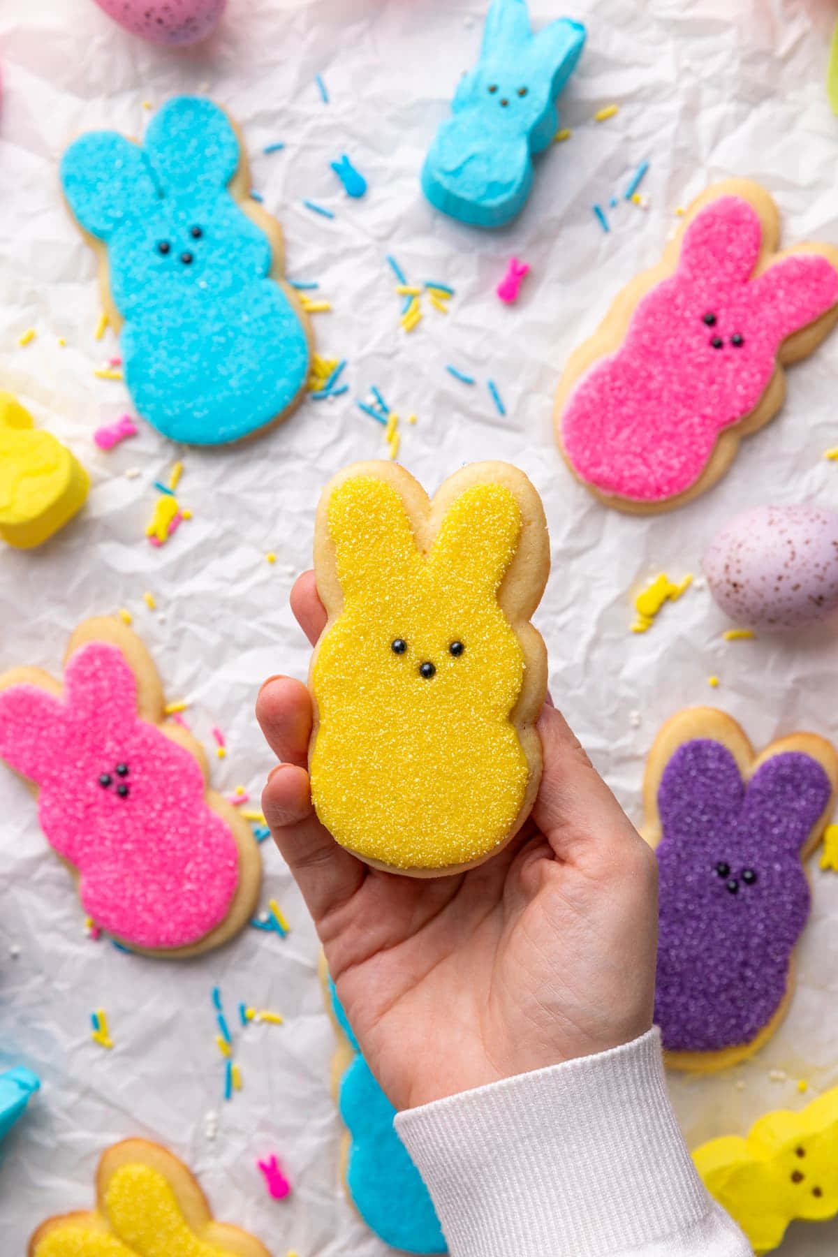 Colorful Easter Peeps Cookies, yellow sugar-coated bunny cookie, bunny-shaped cookies, HD Phone Wallpaper