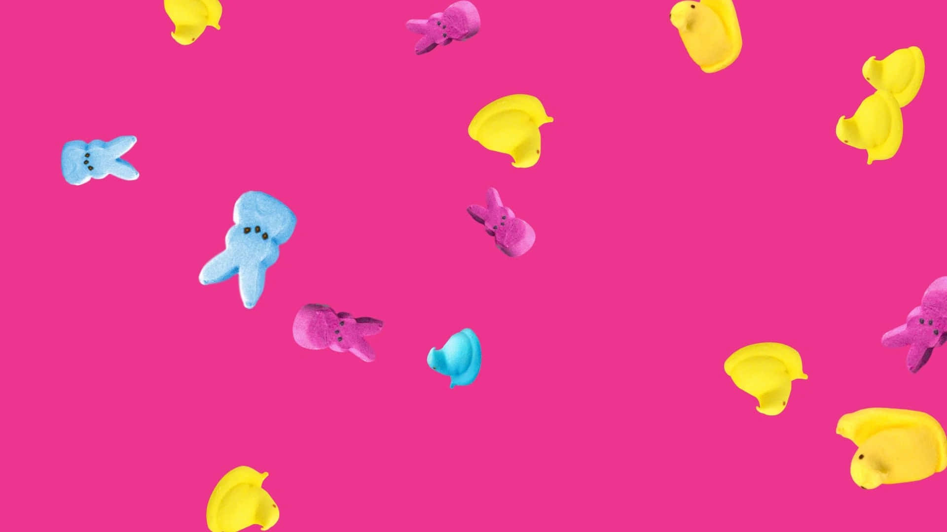 Easter Peeps, pink background, yellow blue and pink bunny and chick shapes, Full HD Desktop Wallpaper