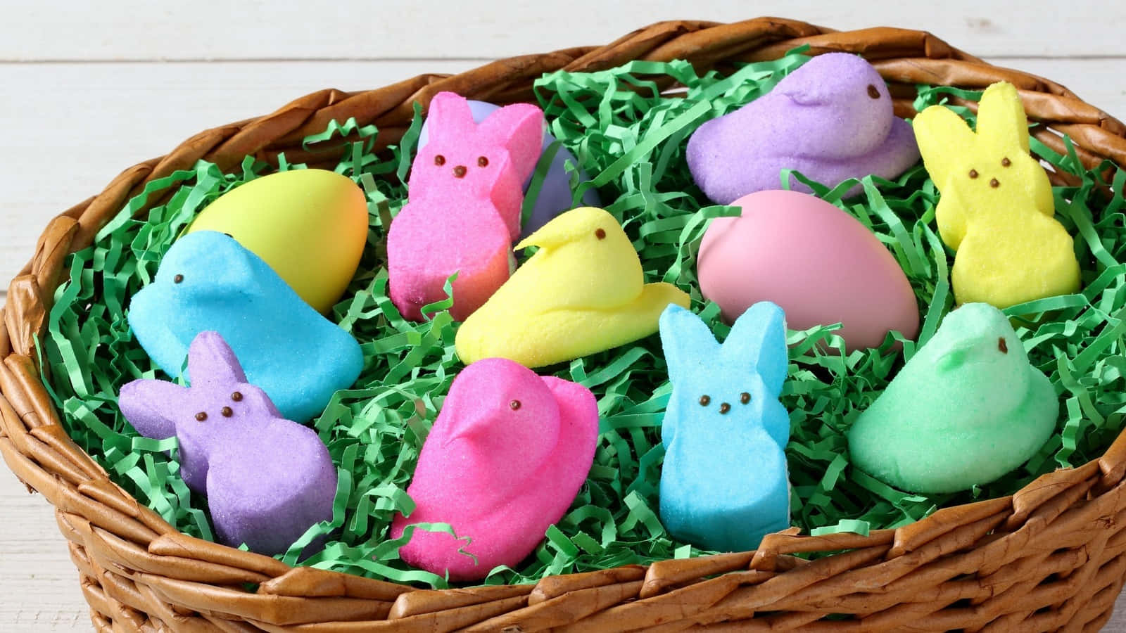 Easter Peeps, basket, pastel Peeps bunnies, HD Desktop Wallpaper