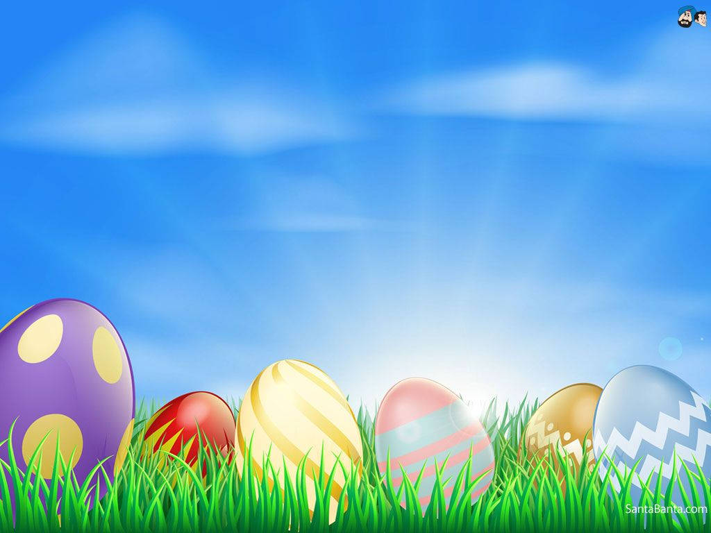 Easter eggs, vibrant green grass, bright blue sky, SD Desktop Wallpaper