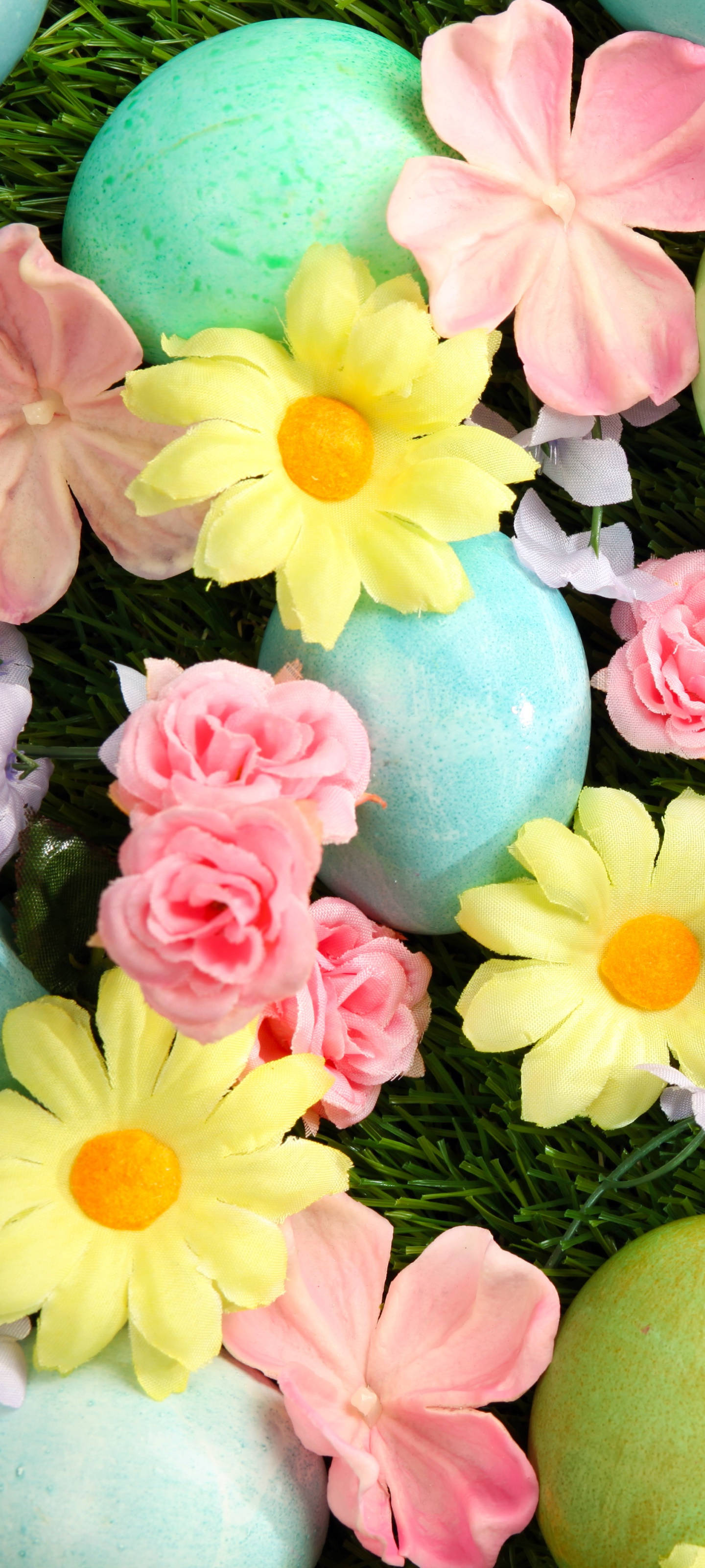 Easter Flowers Phone, pastel blue speckled eggs, vibrant pink yellow and white flowers, 2K Phone Wallpaper
