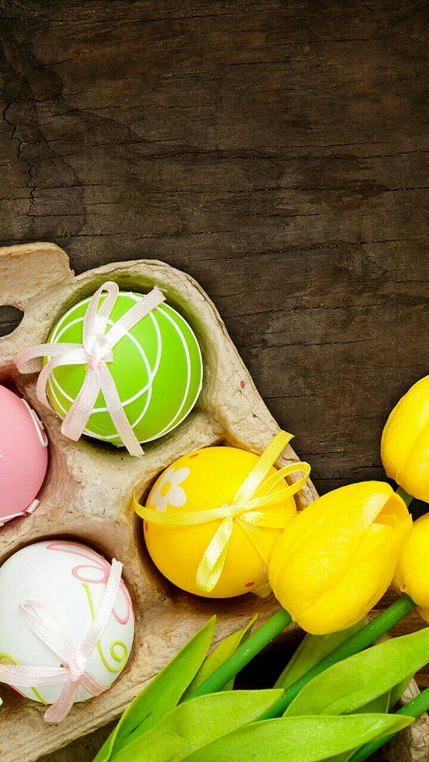 Easter Phone, Easter eggs, yellow tulips, HD Phone Wallpaper