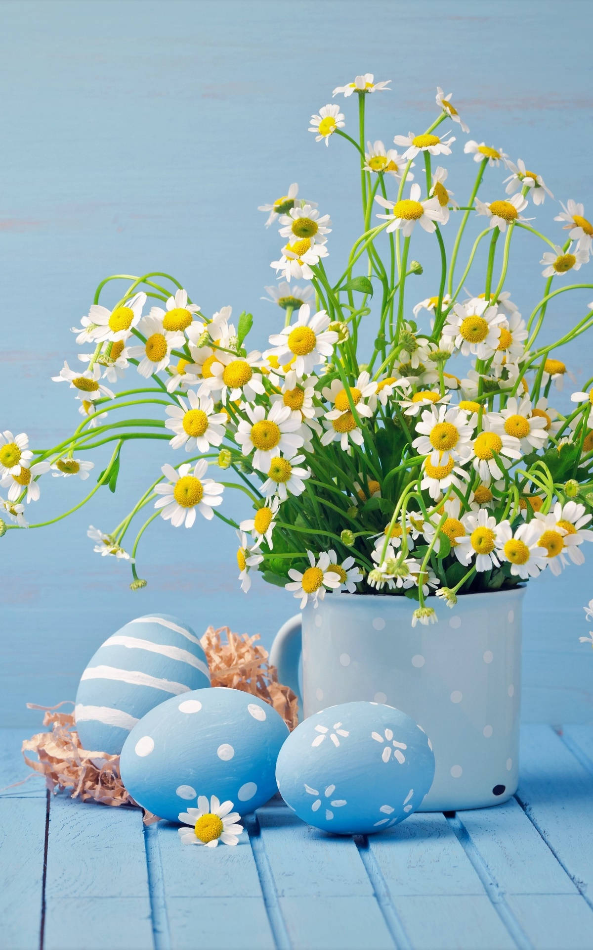 Easter Phone, daisies, polka-dotted mug, Full HD Phone Wallpaper