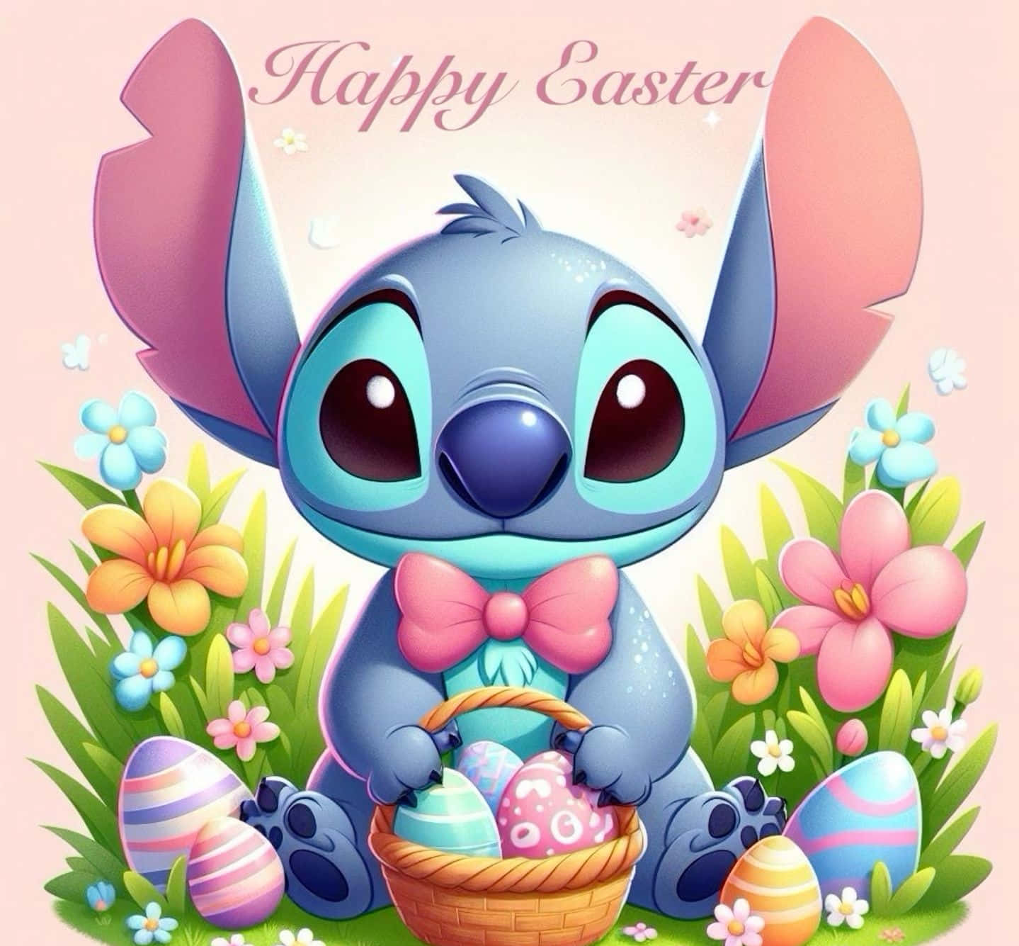 Easter Stitch, basket of colorful Easter eggs, blooming flowers, HD Desktop Wallpaper