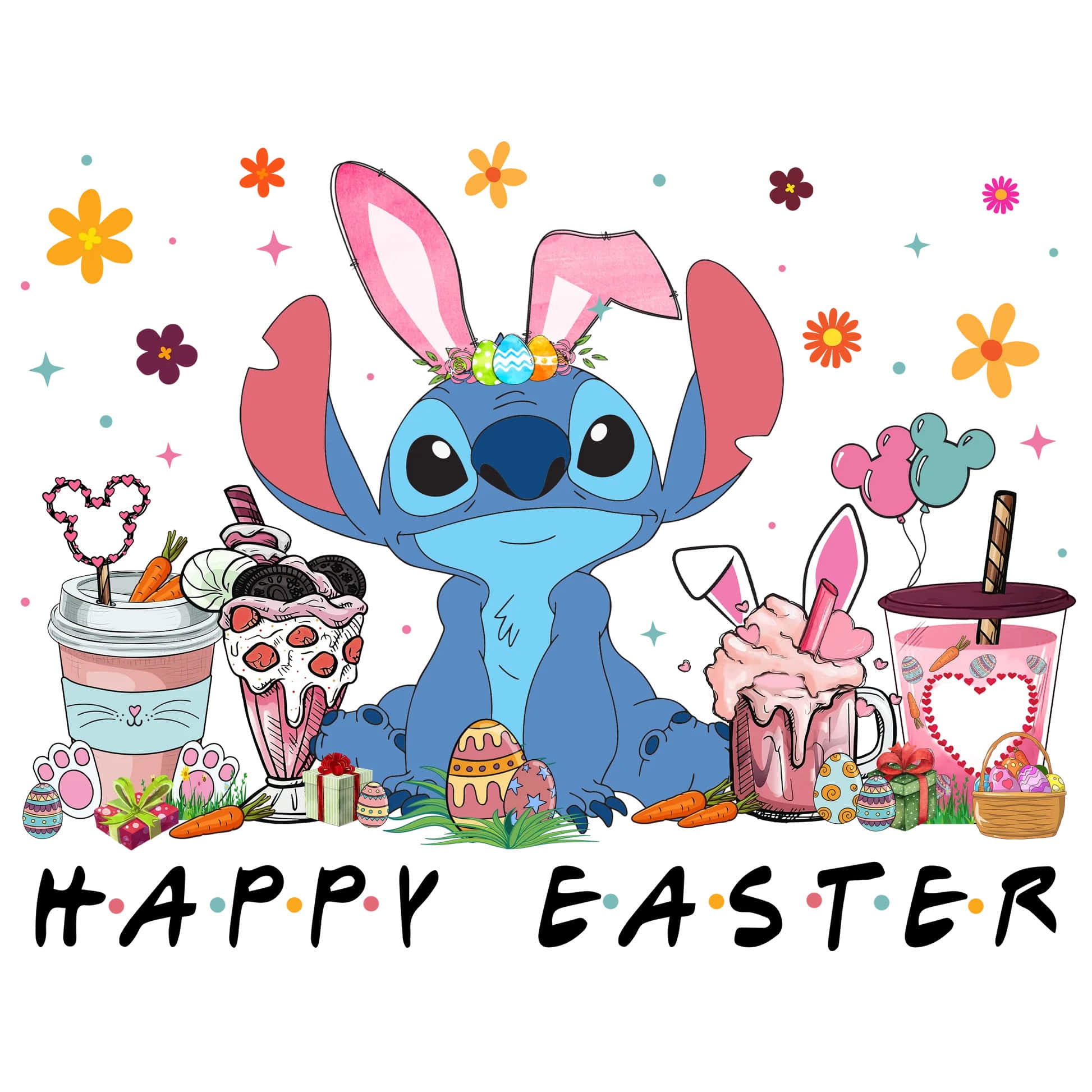 Stitch, pink bunny ears, floral crown, Full HD Desktop Wallpaper