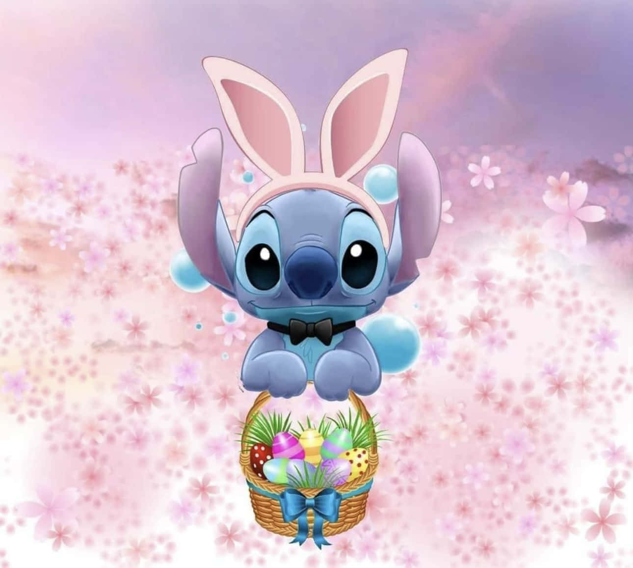 Stitch, bunny ears, basket of colorful Easter eggs, HD Desktop Wallpaper