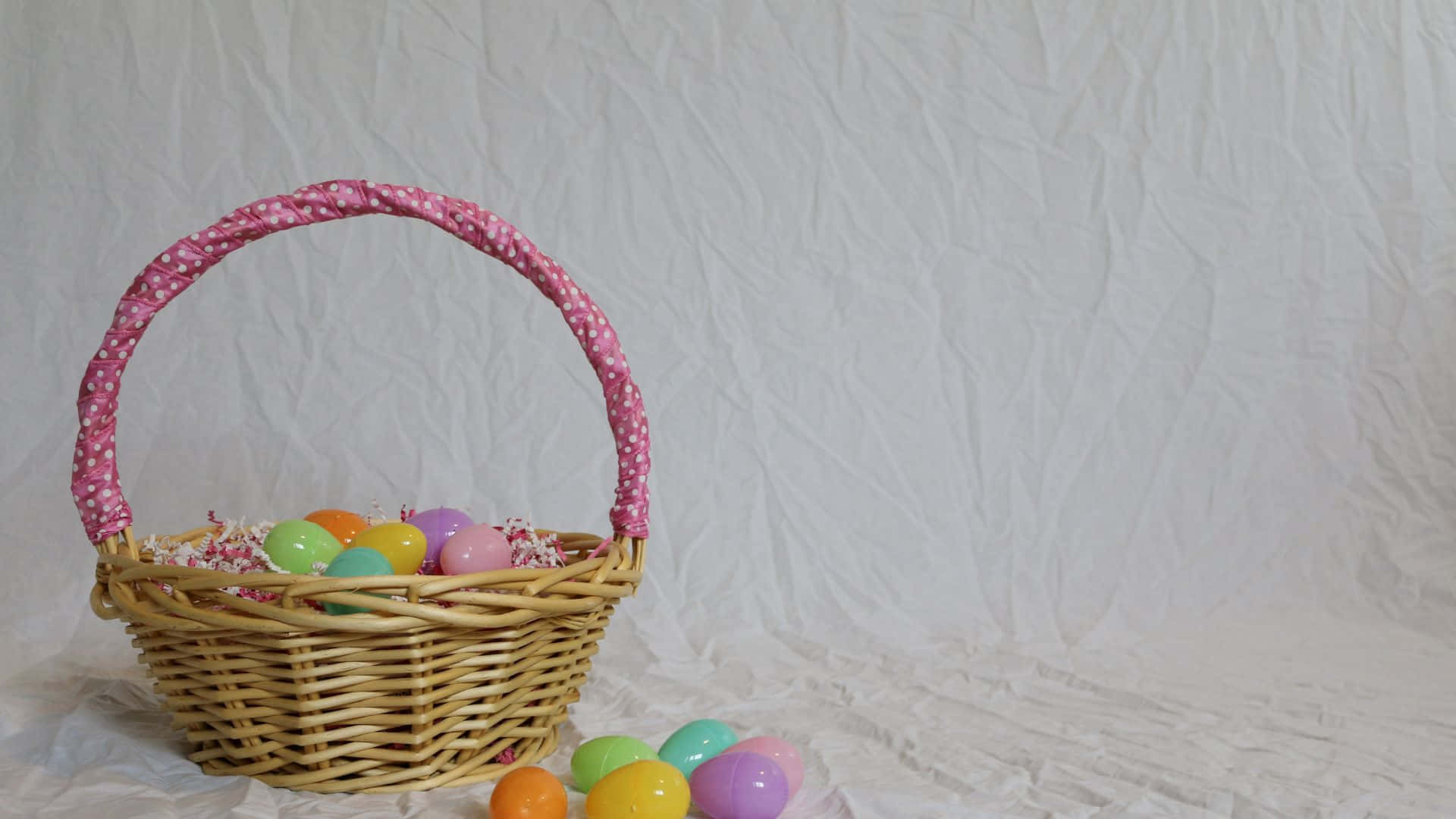 Easter basket, pink polka-dot handle, colorful plastic eggs, Full HD Desktop Wallpaper