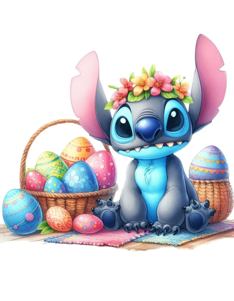 Stitch, floral crown, colorful Easter eggs, SD Phone Wallpaper