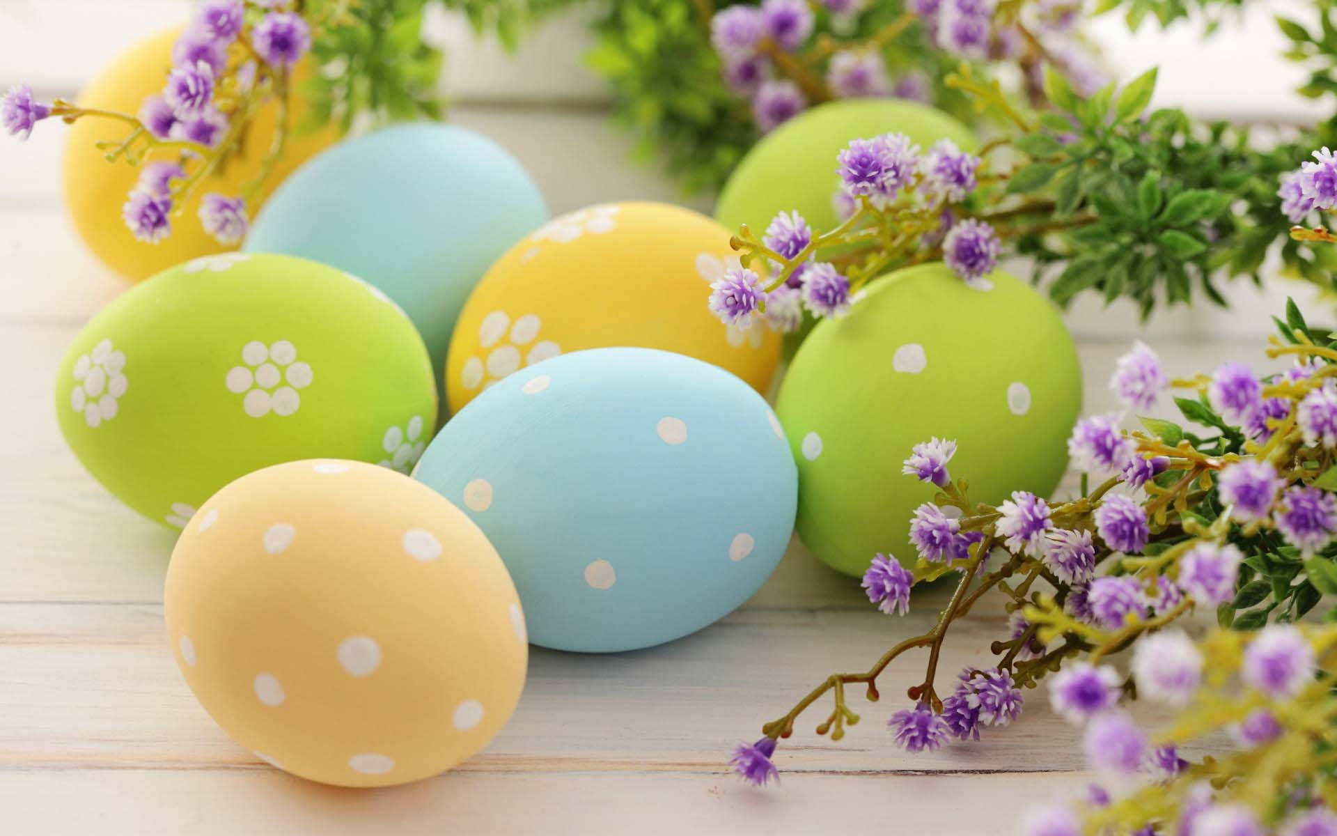 purple flowers, Easter eggs, pastel-colored, Full HD Desktop Wallpaper