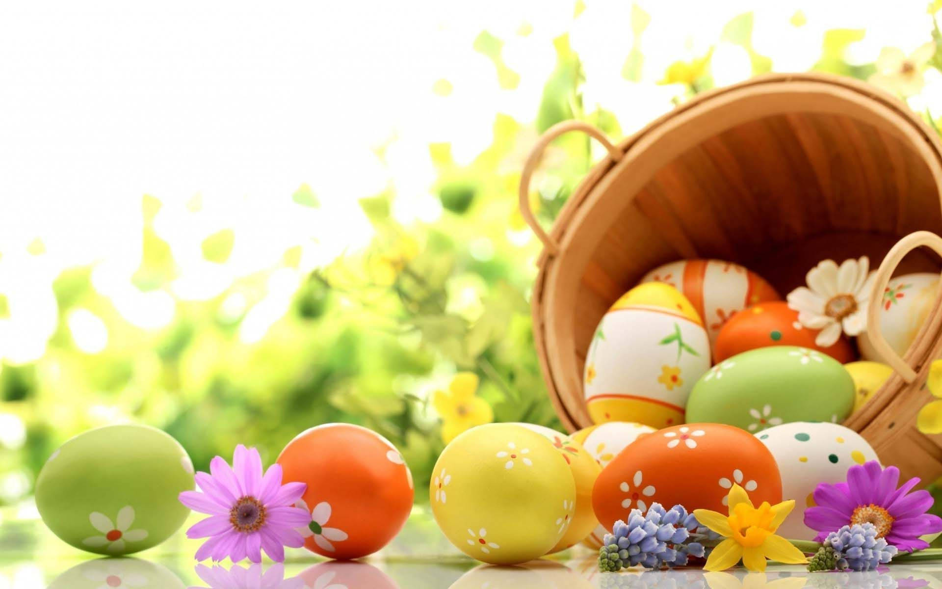 Easter basket, colorful eggs, wooden basket, Full HD Desktop Wallpaper