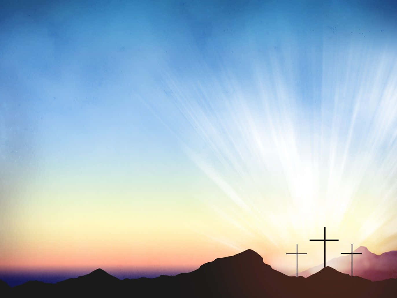 silhouetted crosses, mountain ridge, radiant beams of light, HD Desktop Wallpaper