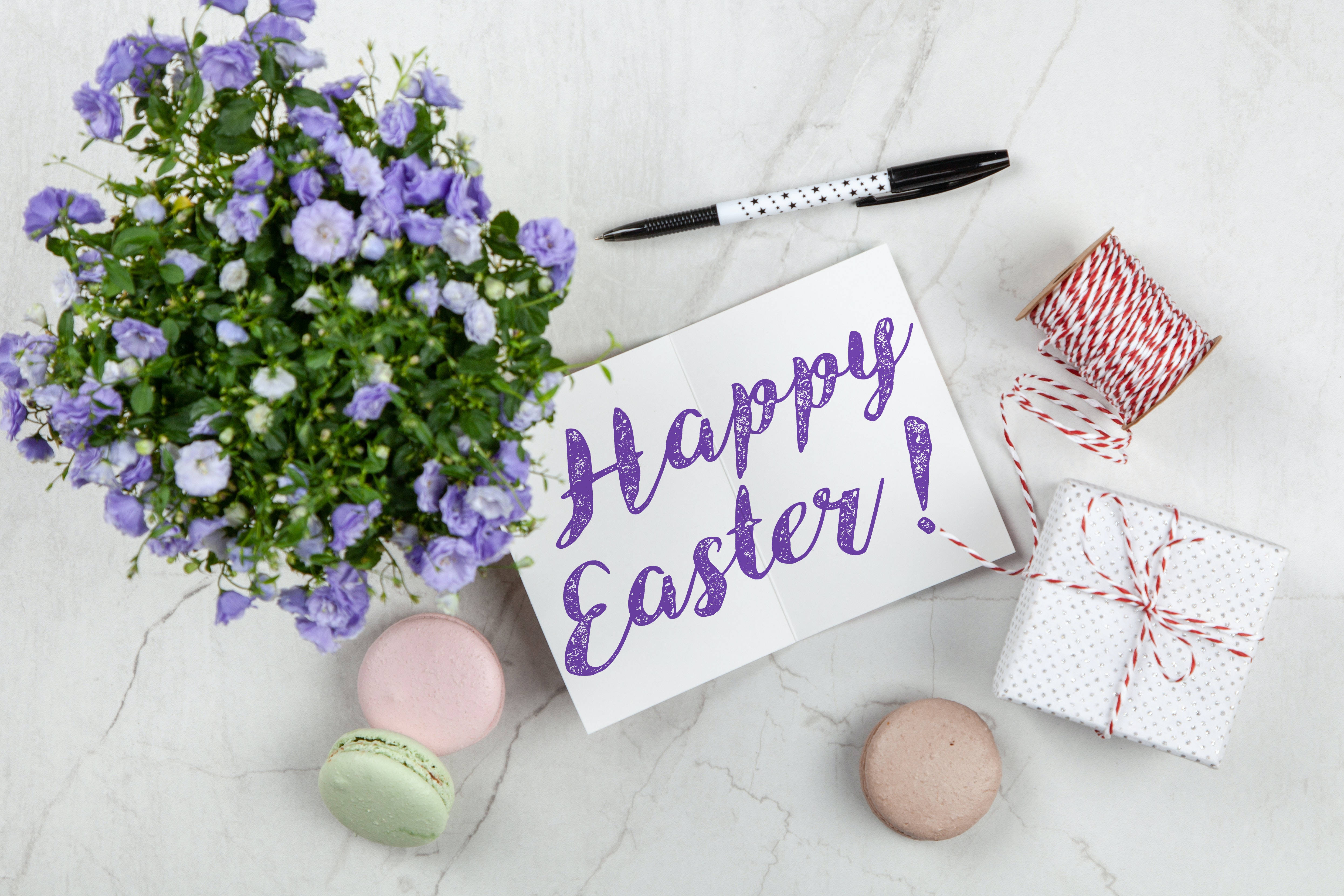 Happy Easter, violet calligraphy, bellflowers, 4K Desktop Wallpaper