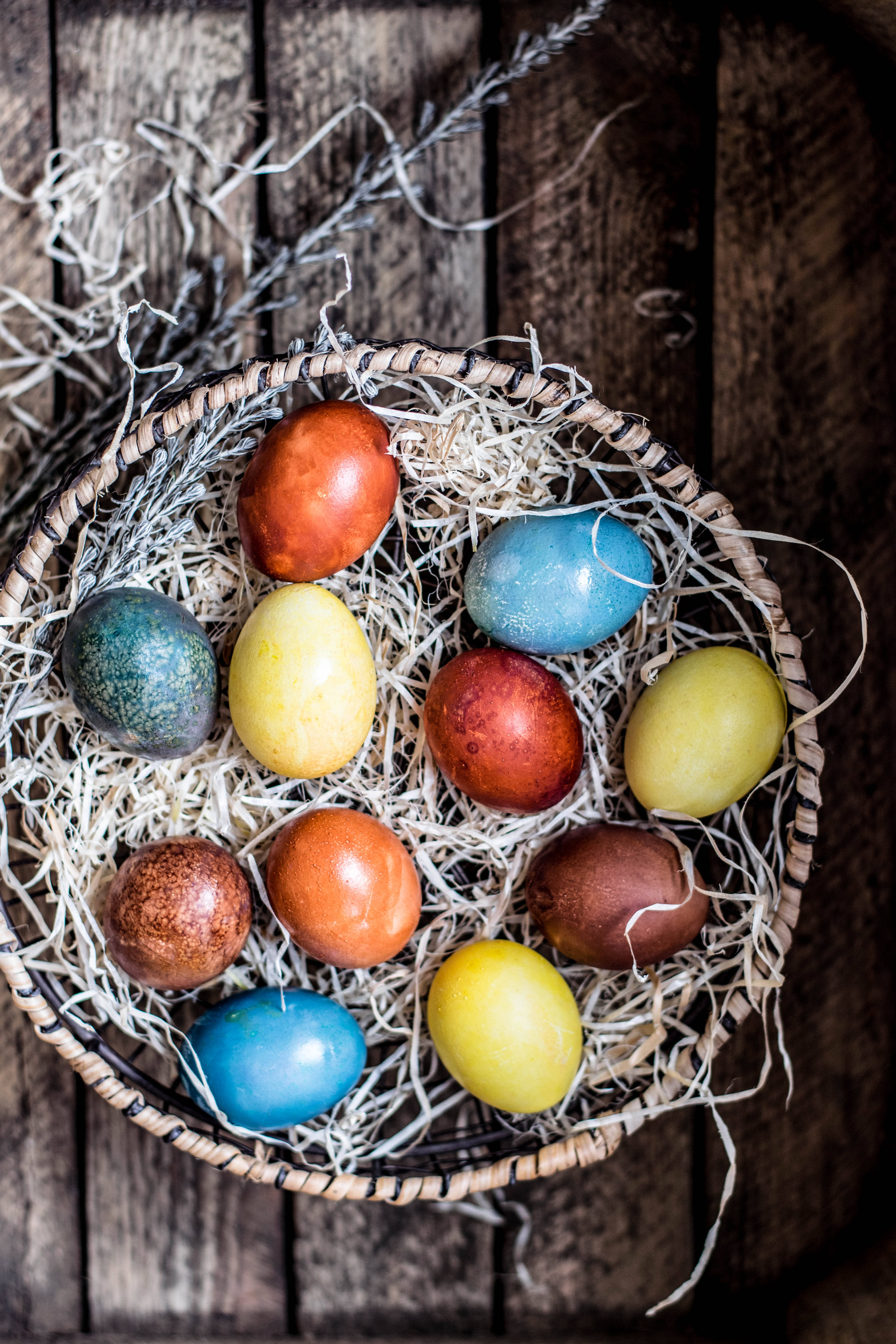 colorful hand-painted Easter eggs, woven basket, straw, 5K Phone Wallpaper
