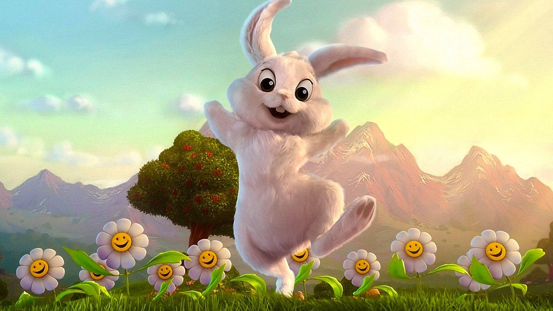 hopping easter bunny, smiling daisies, sunlit meadow, Full HD Desktop Wallpaper