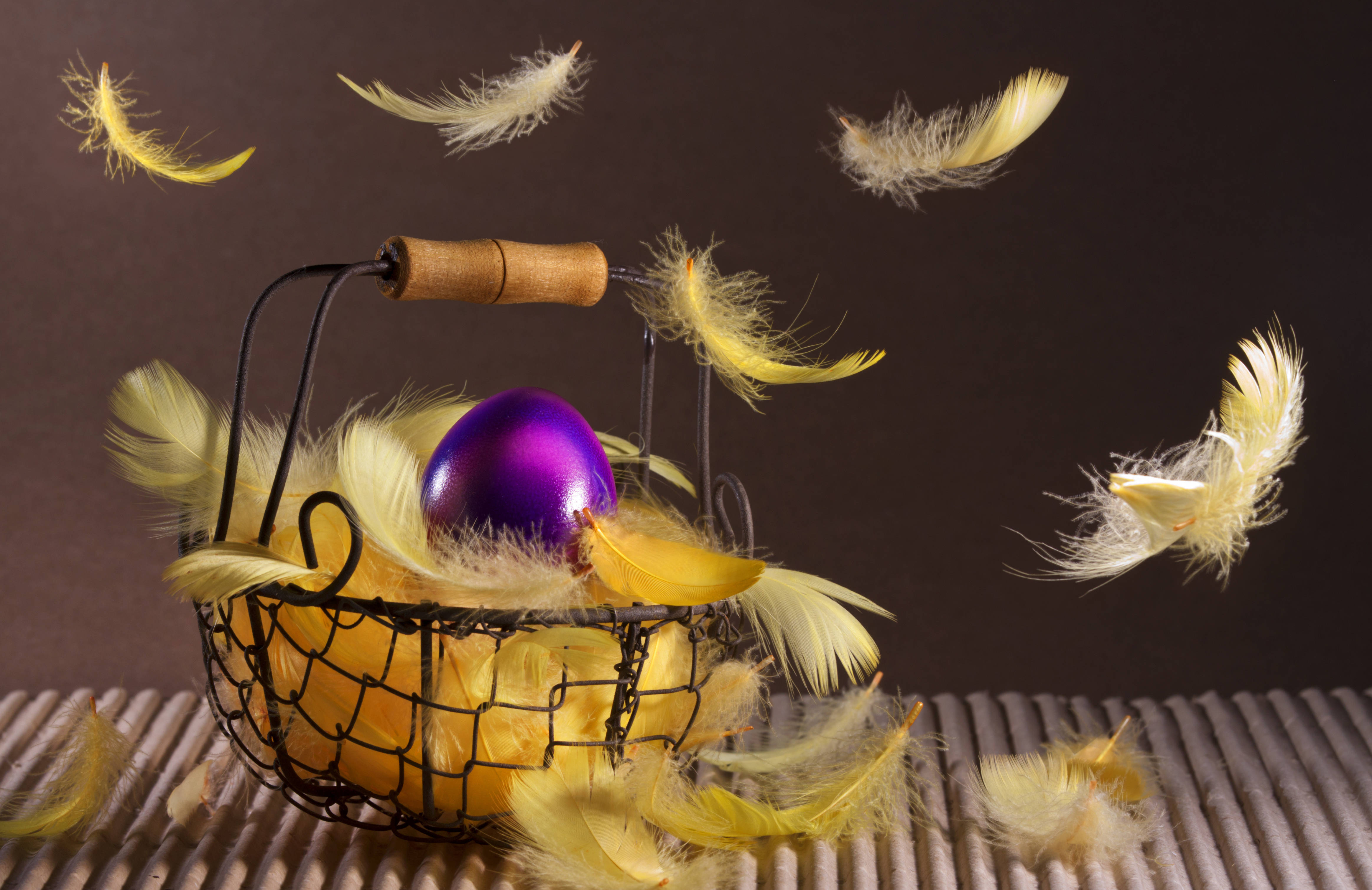 purple easter egg, yellow feathers, wire basket, 4K Desktop Wallpaper