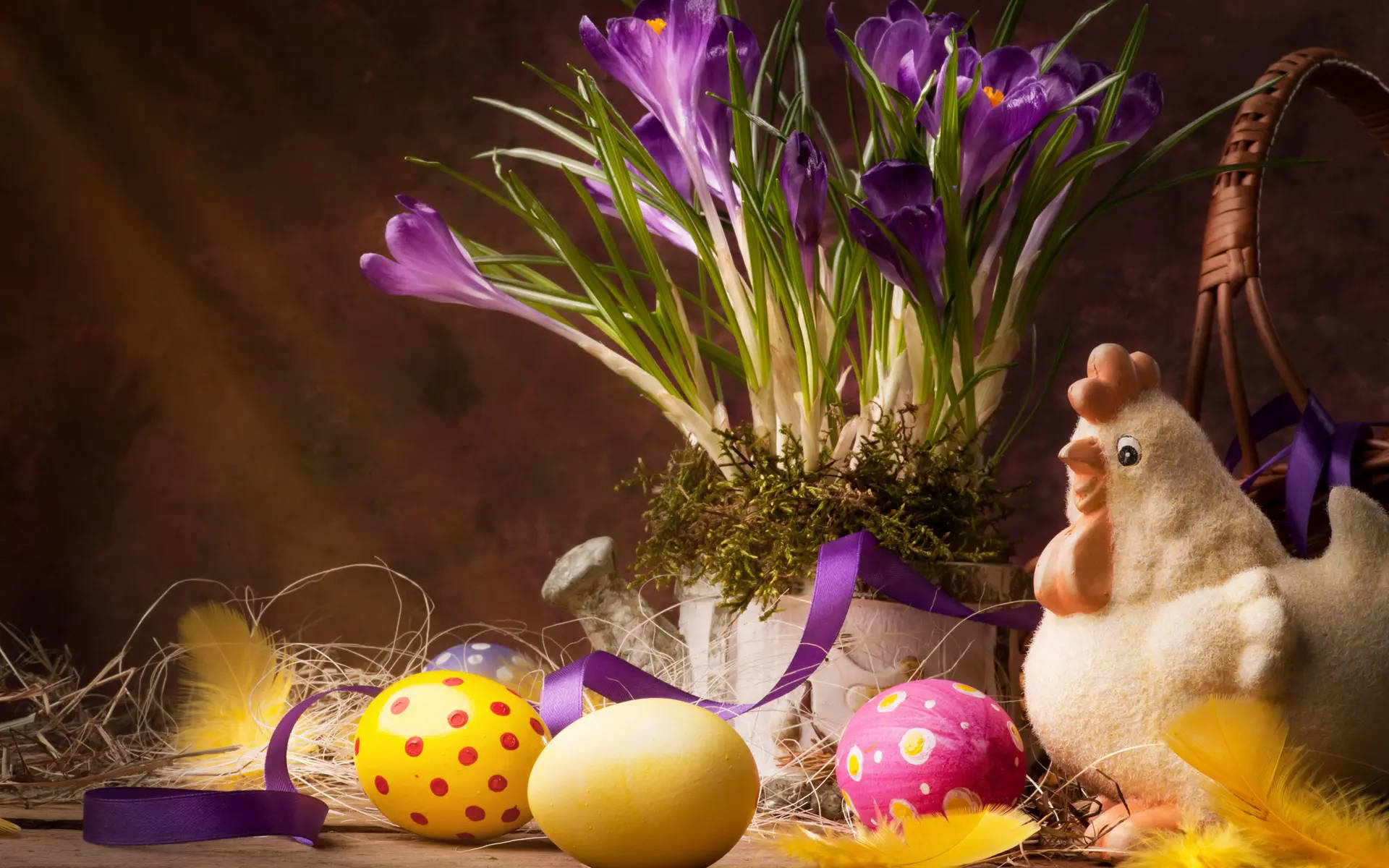 Easter, purple crocuses, colorful Easter eggs, Full HD Desktop Wallpaper
