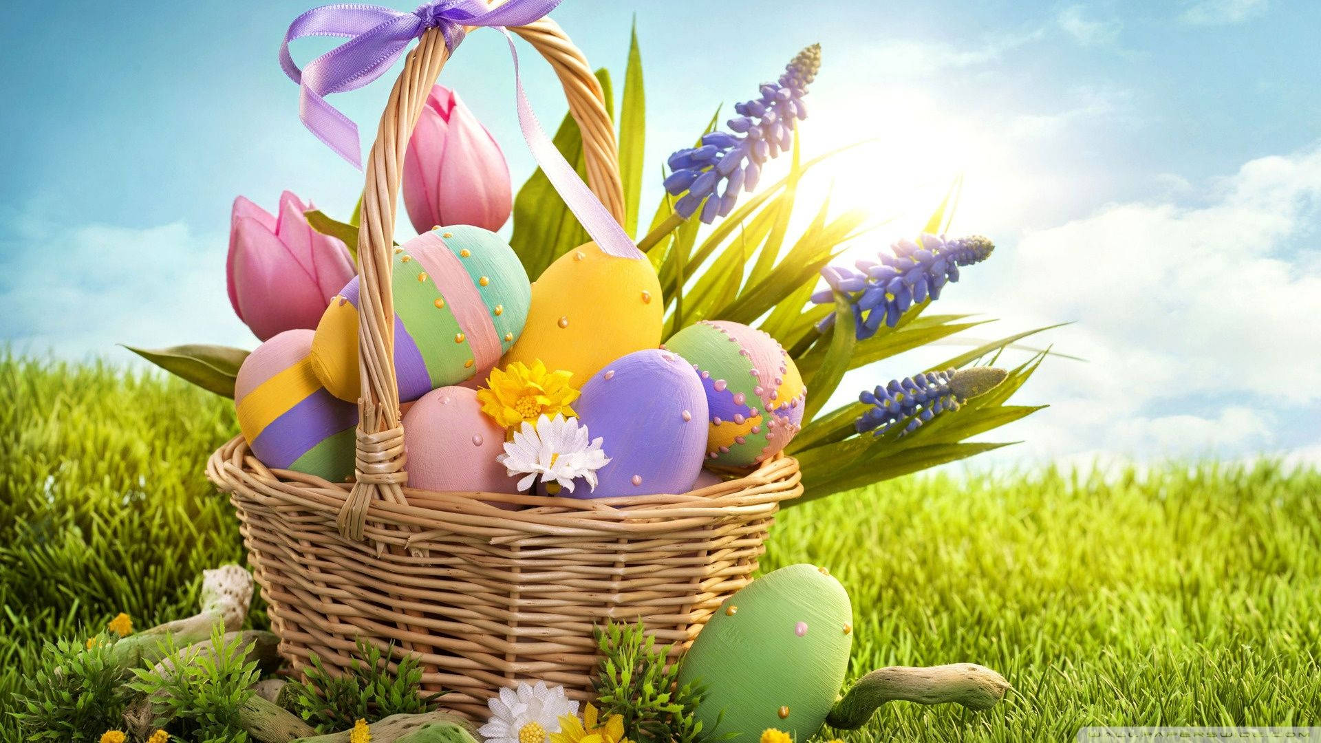 wicker basket, colorful Easter eggs, spring flowers, Full HD Desktop Wallpaper