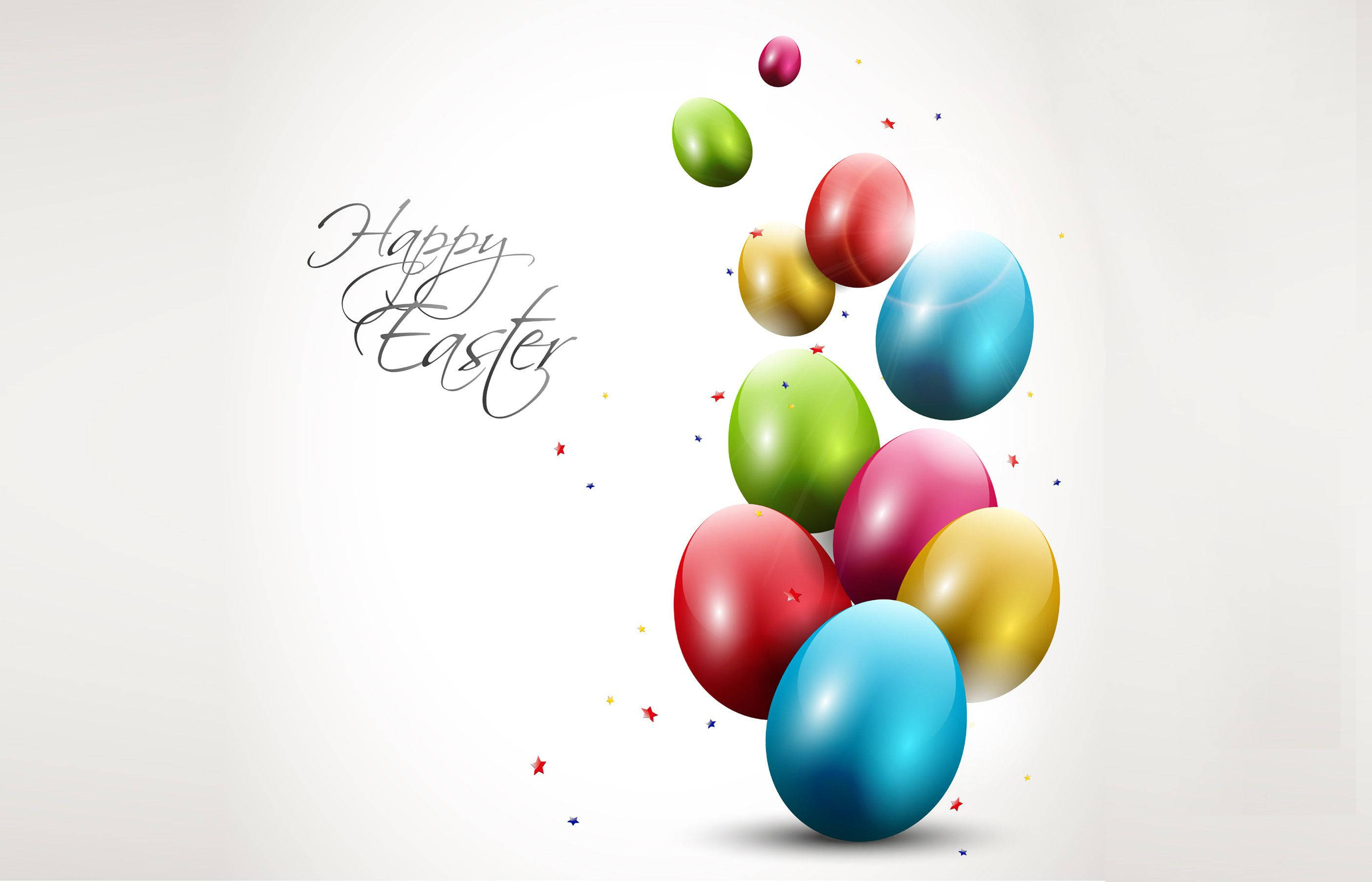 Silver Happy Easter With Eggs Digital Art, red green blue and gold, glossy Easter eggs, 2K Desktop Wallpaper