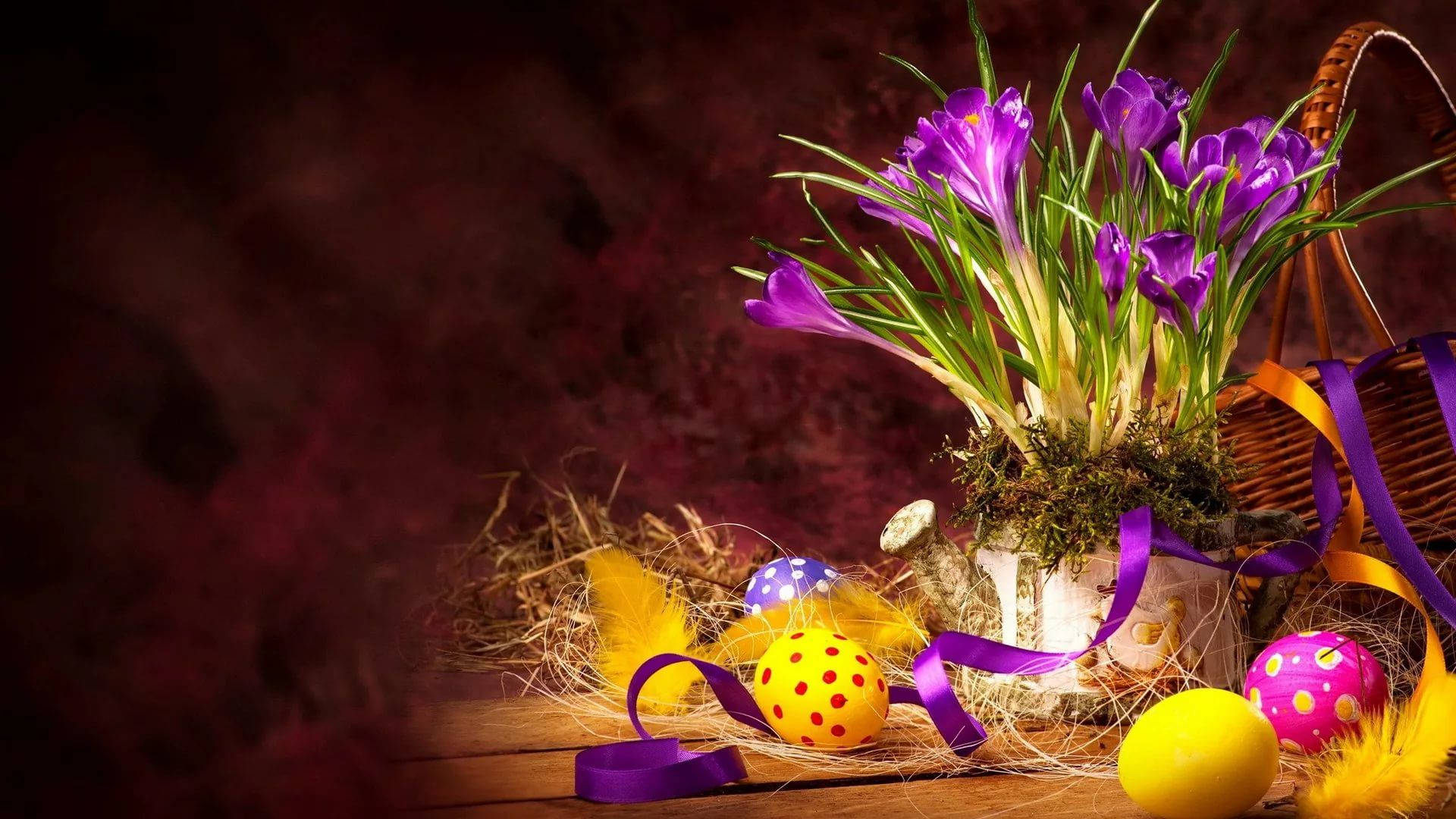 purple crocuses, wicker basket, colorful Easter eggs, Full HD Desktop Wallpaper