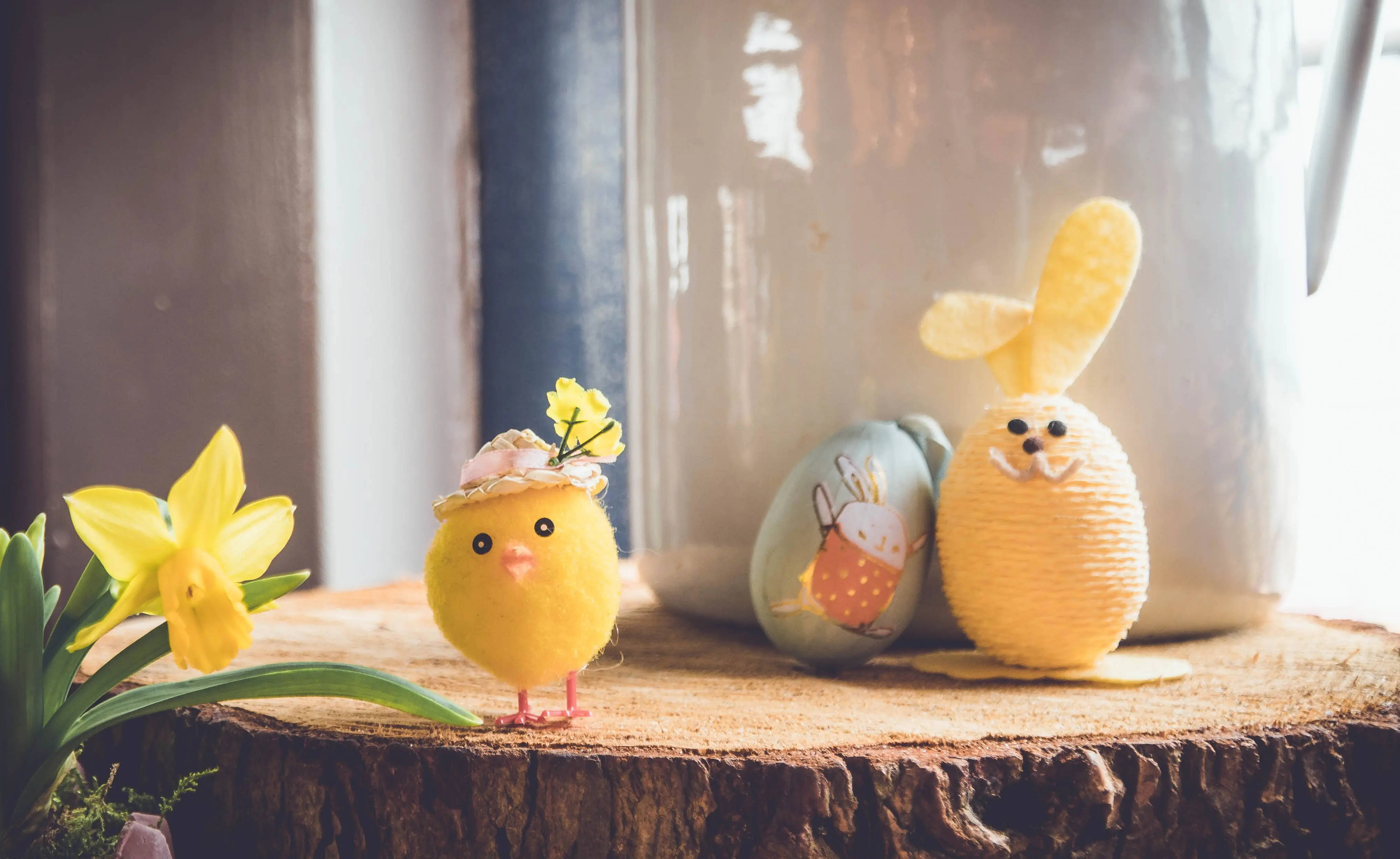 yellow chick figurine, flower hat, daffodil, 4K Desktop Wallpaper