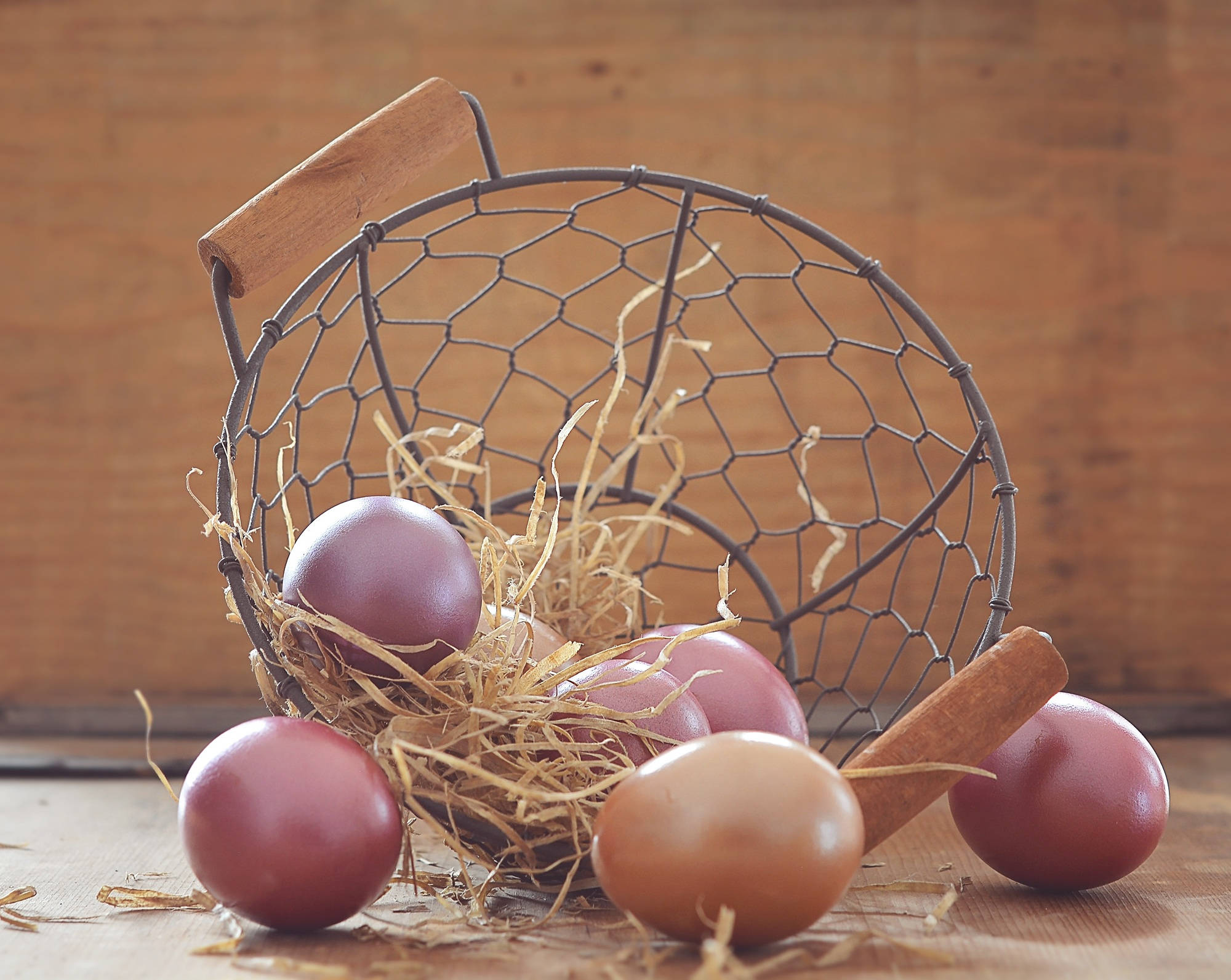 brown easter eggs, rustic wire basket, dyed eggs, Full HD Desktop Wallpaper