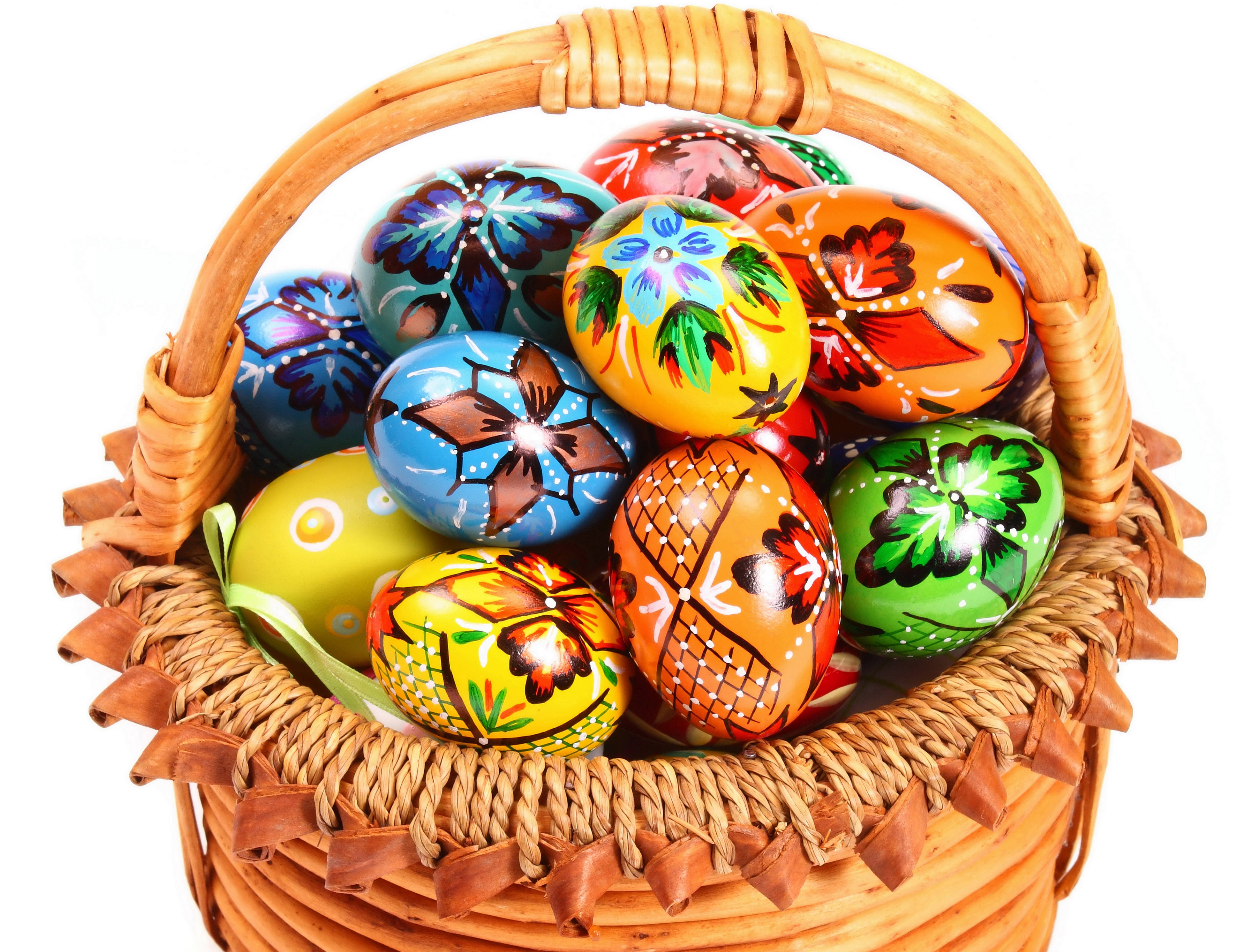 colorful Easter eggs, woven basket, floral patterns, 5K Desktop Wallpaper