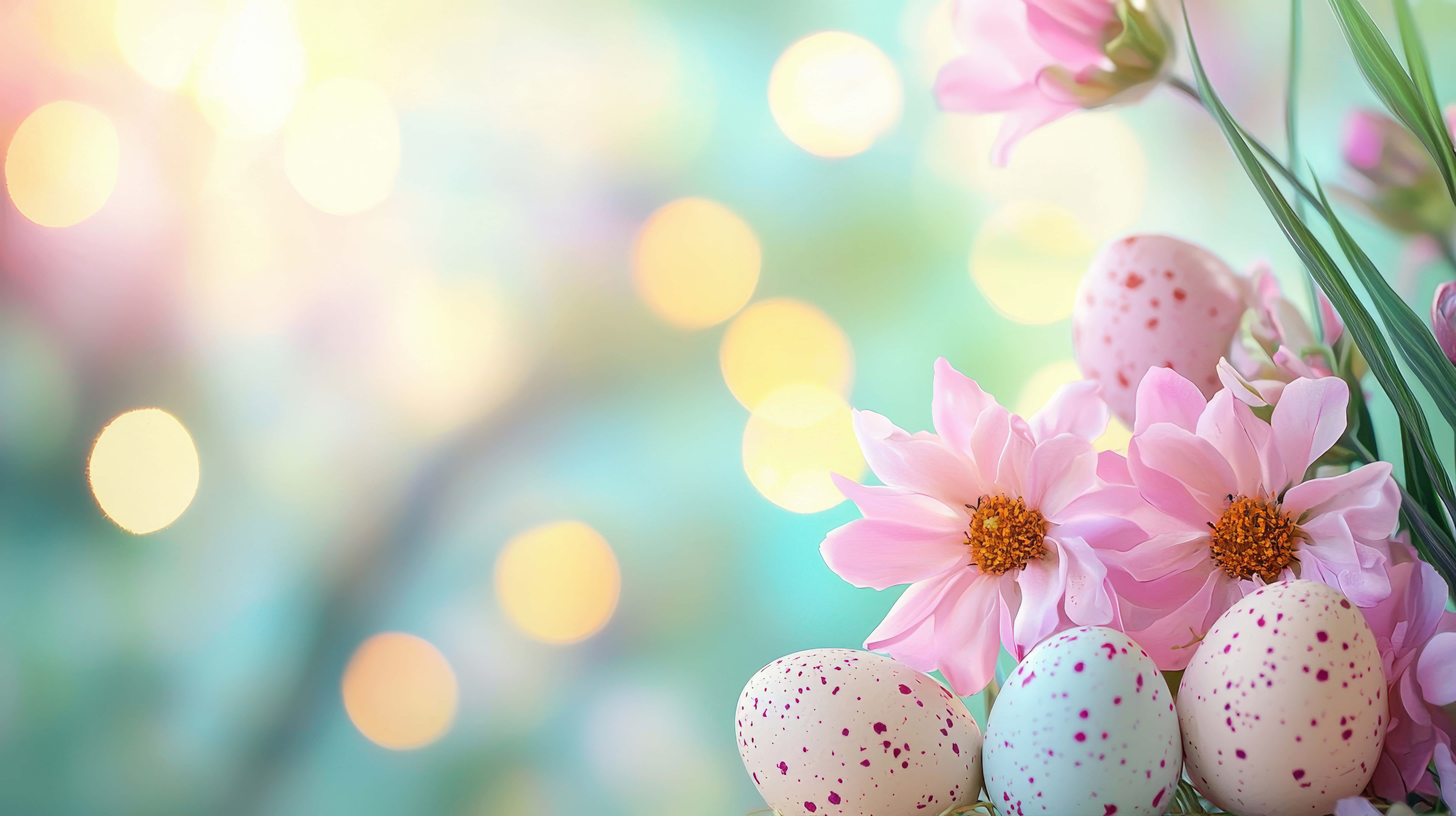 pastel speckled eggs, soft pink flowers, pastel bokeh, 8K Desktop Wallpaper