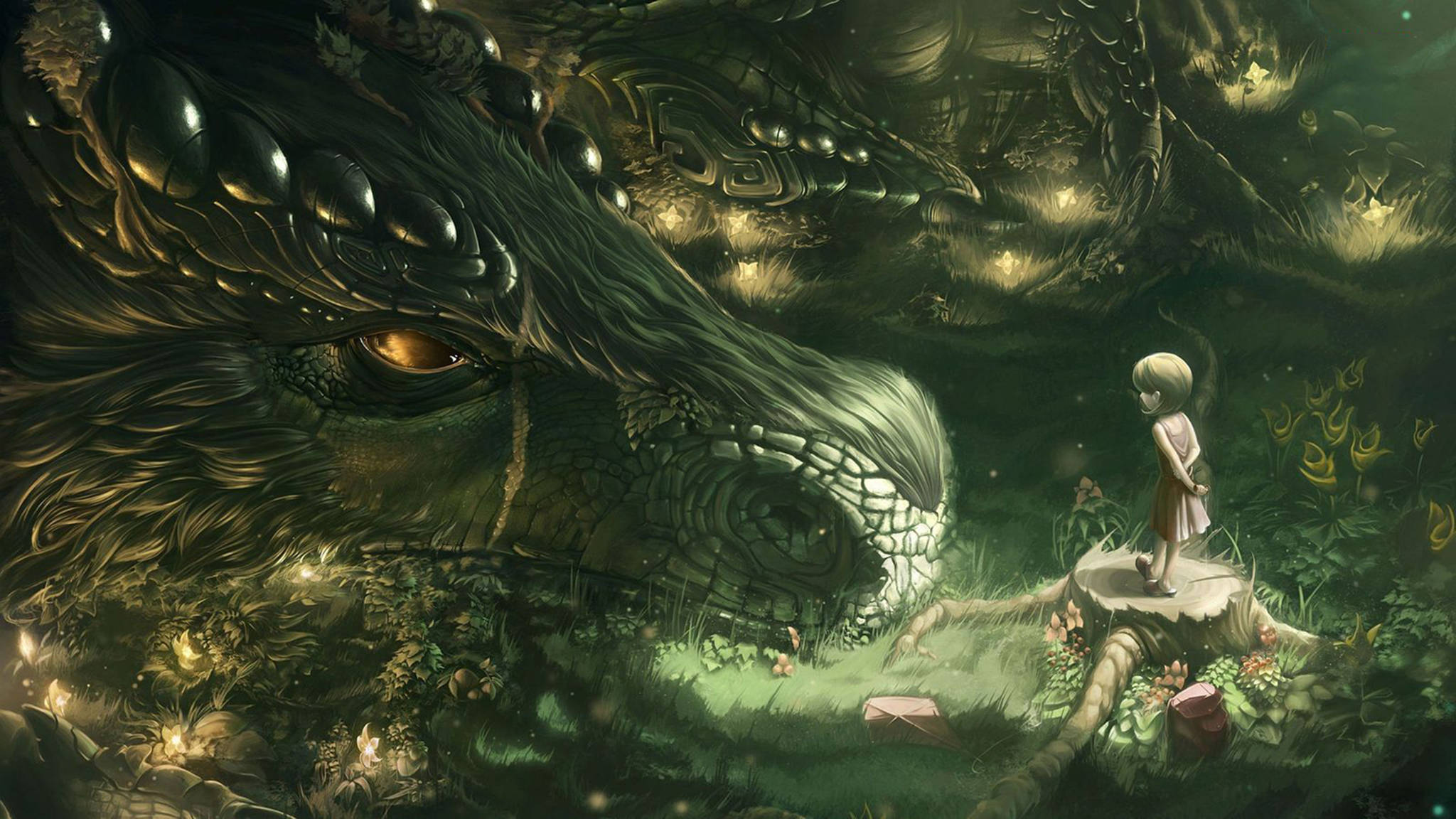 Eastern Dragon, child, mossy stump, Full HD Desktop Wallpaper