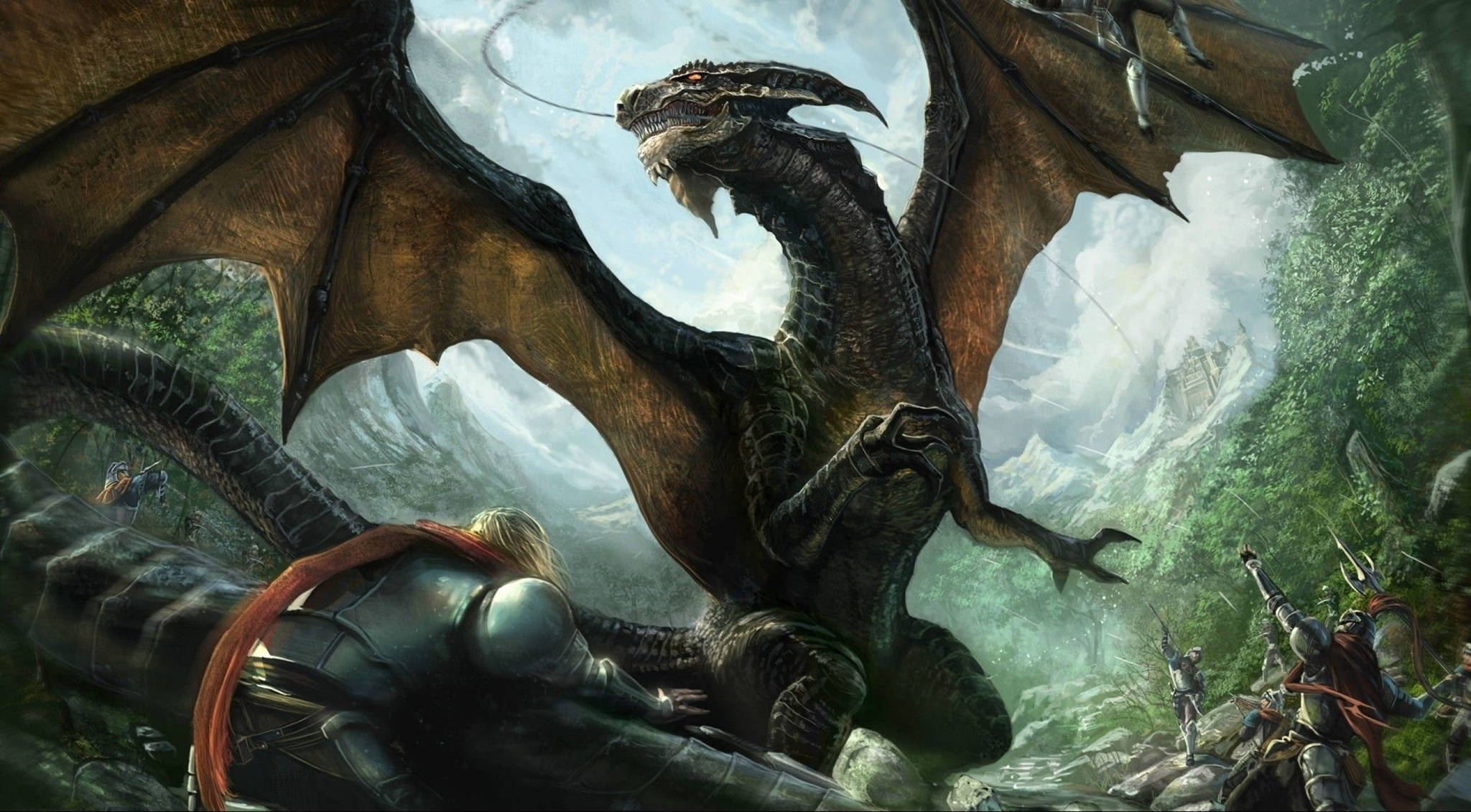 Eastern Dragon, knights, misty mountainous forest, Full HD Desktop Wallpaper