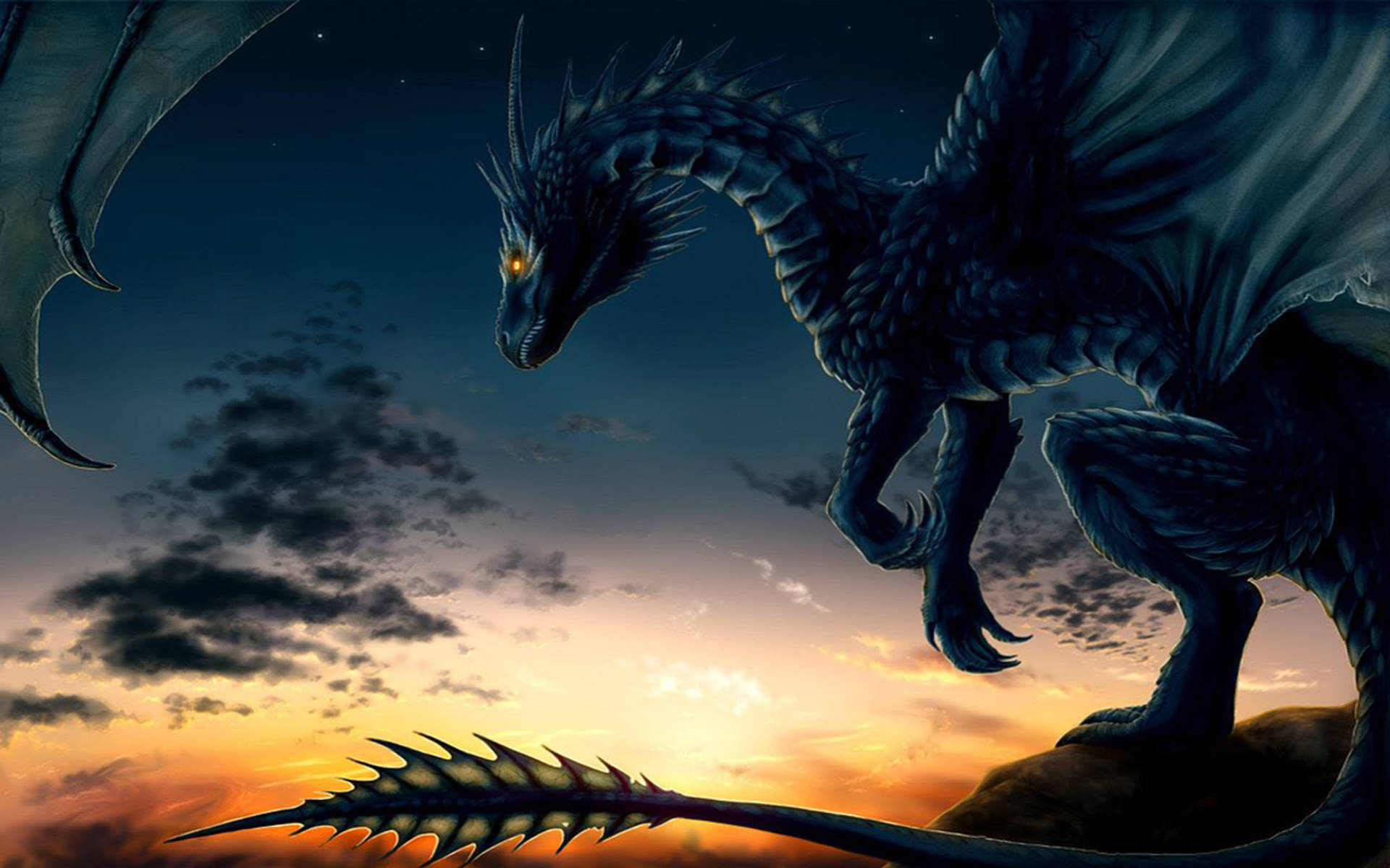 Eastern Dragon, sunset, twilight sky, Full HD Desktop Wallpaper