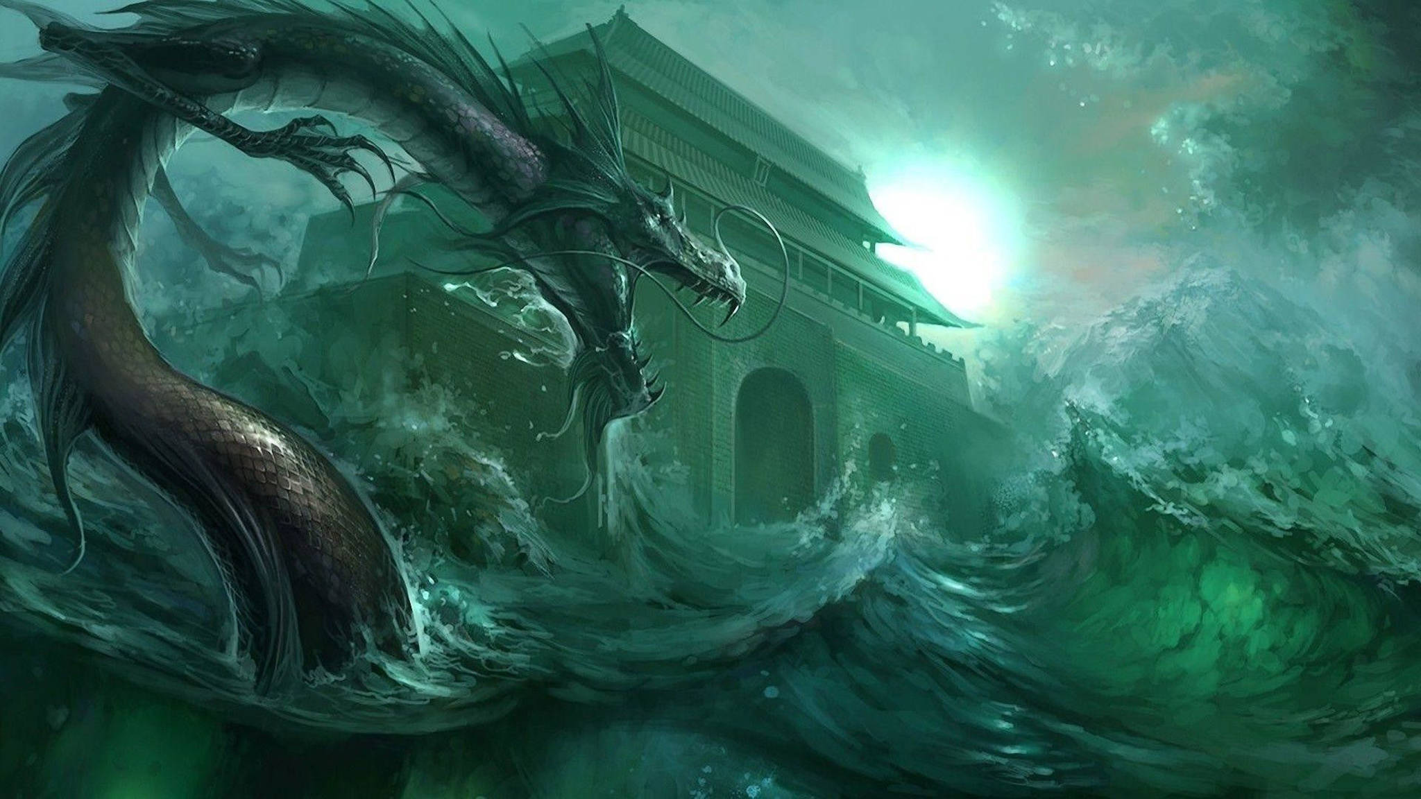 Eastern Dragon, raging waves, churning green waves, Full HD Desktop Wallpaper