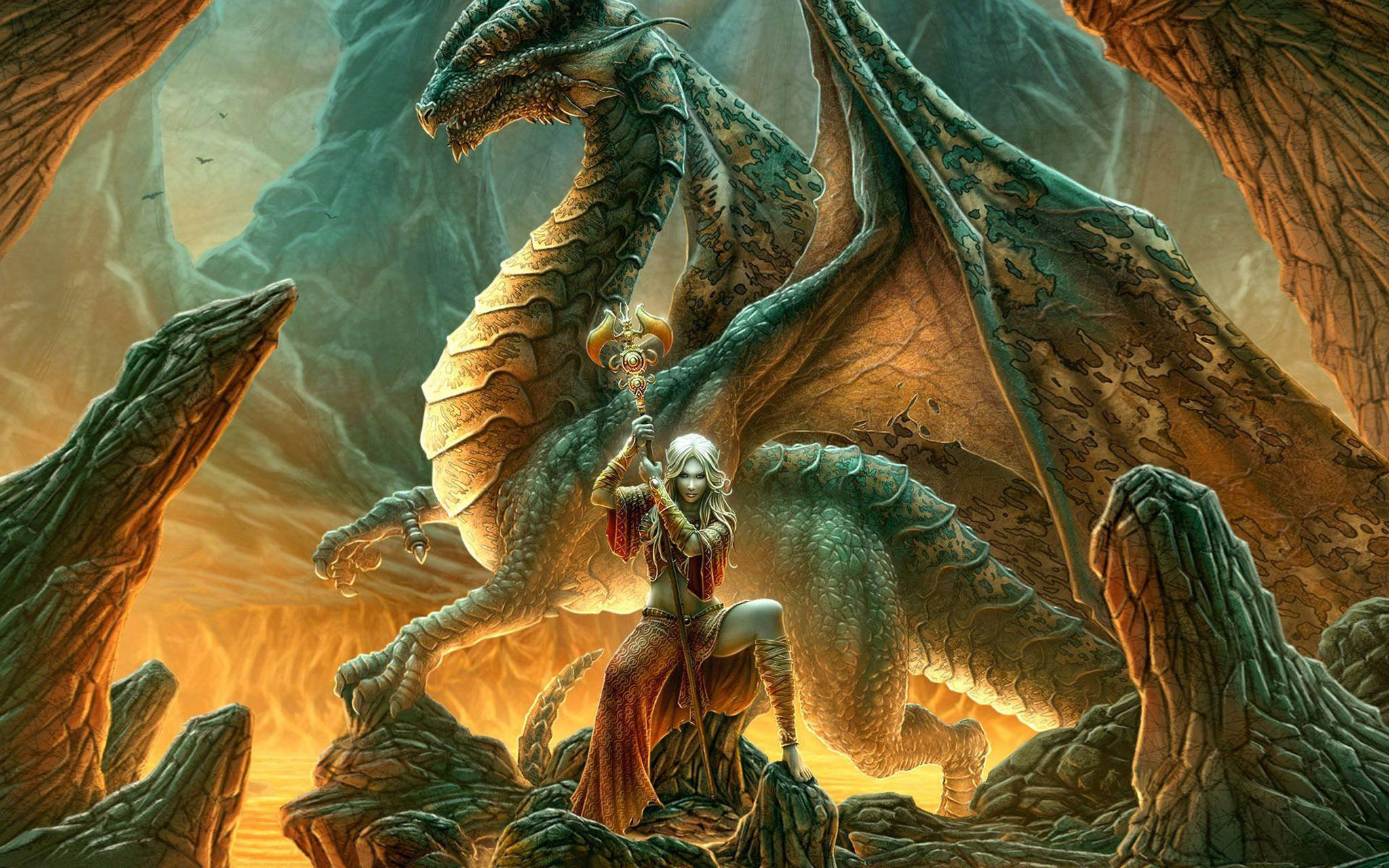 Eastern Dragon, mage, white hair, Full HD Desktop Wallpaper