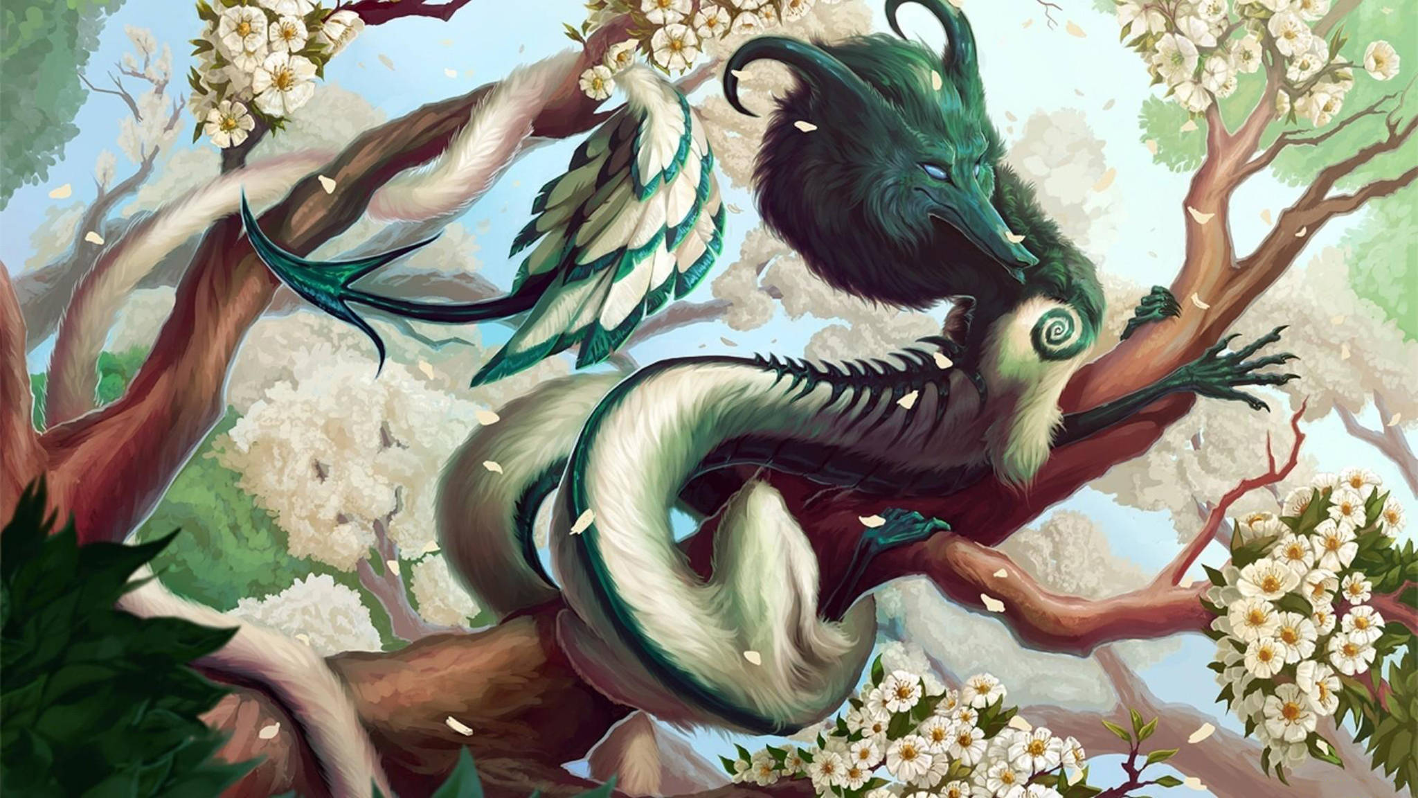 Eastern Dragon, Ancient Tree, Cherry Blossom Trees, Full HD Desktop Wallpaper