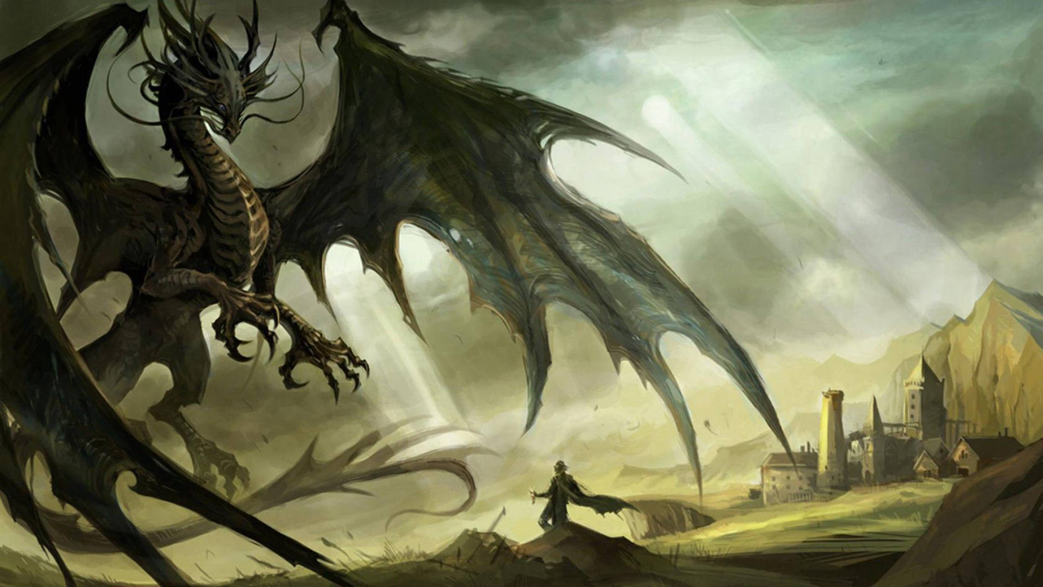 Eastern Dragon, colossal black dragon, medieval village, Full HD Desktop Wallpaper