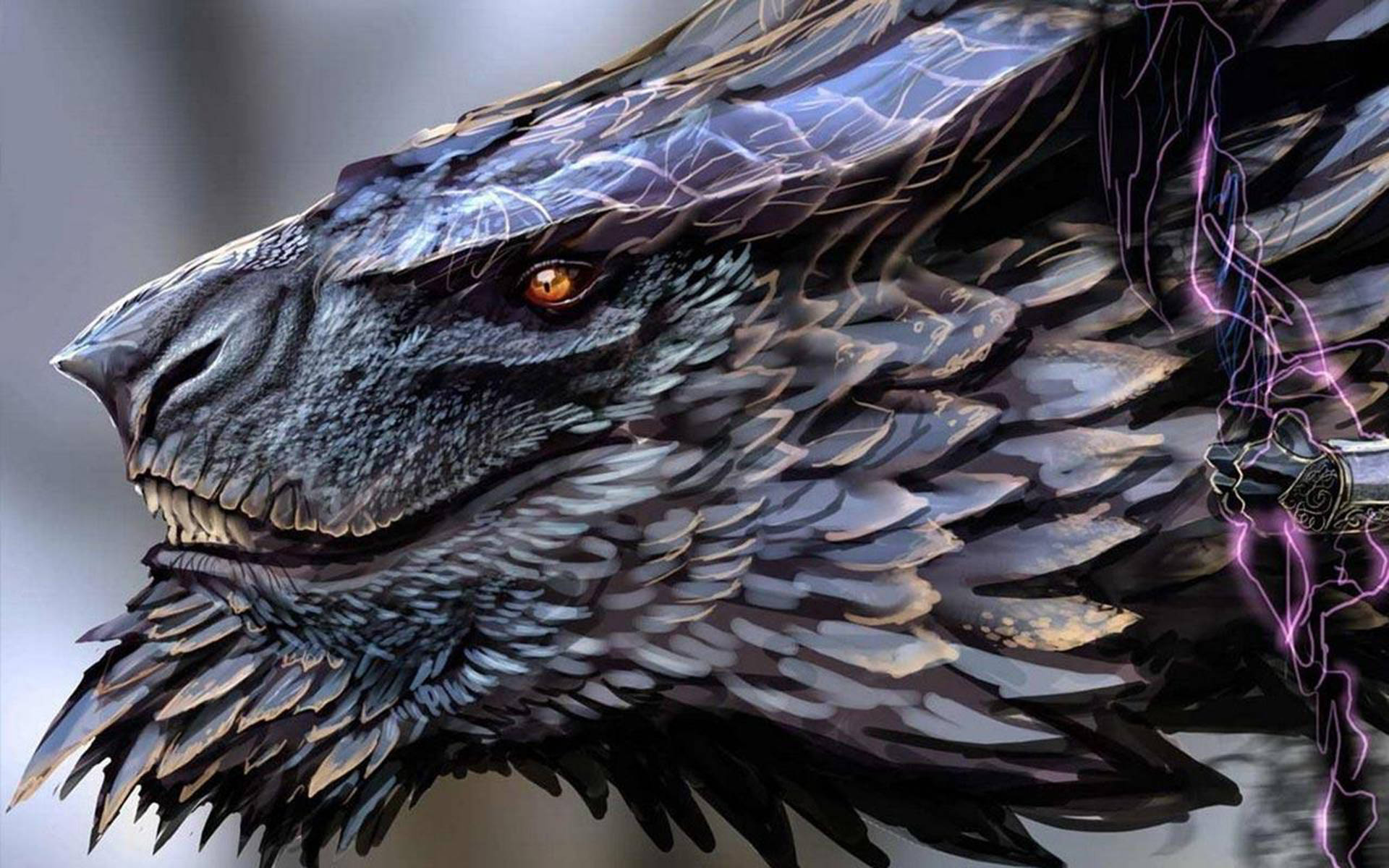 Eastern Dragon, glowing orange eyes, purple lightning, Full HD Desktop Wallpaper