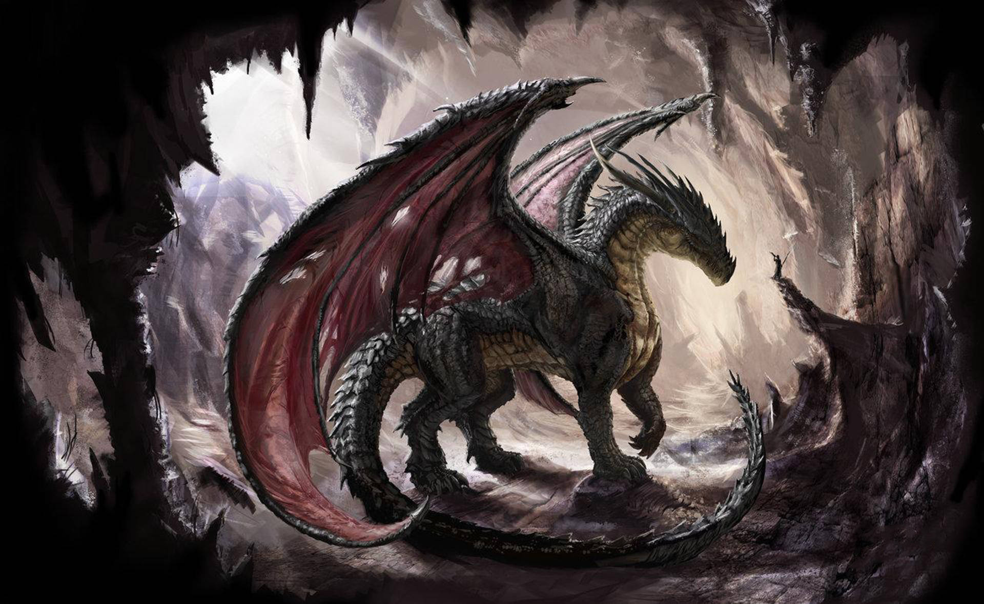 Eastern Dragon, cave, crimson wings, Full HD Desktop Wallpaper